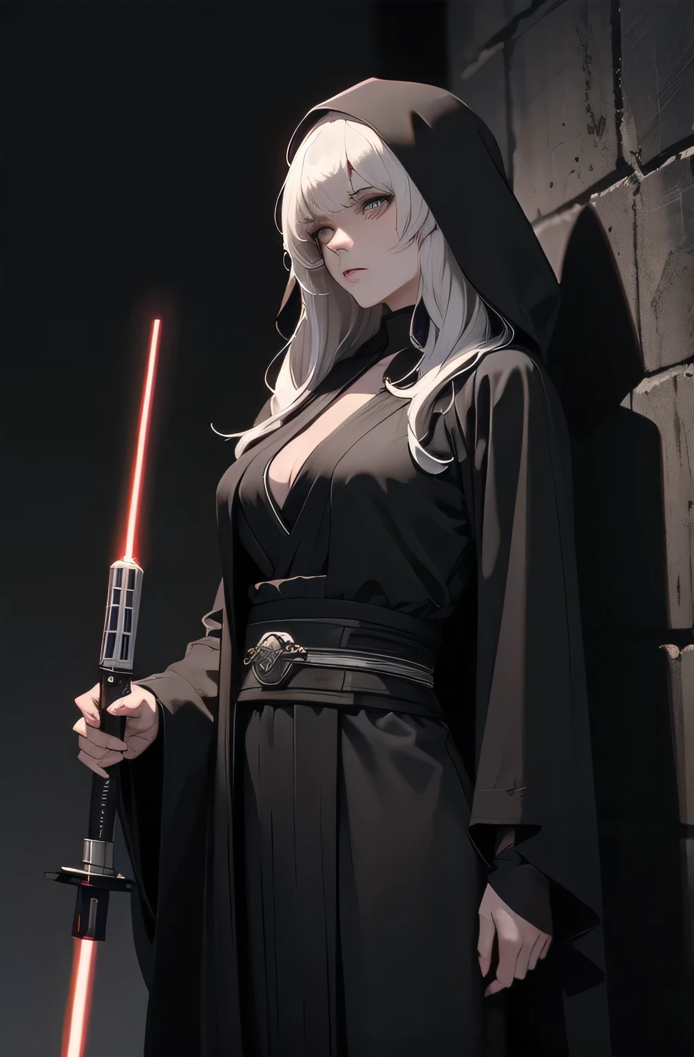 Shadow Face、Star Wars, jedi, black jedi robe、Black Robe, black belt,Star Wars concept art, Star Wars、jedi、Lightsabers、Black Robe、jediの服、Black hoodを被る、Star Wars、beautiful girl、cute、Droopy eyes、Random hair color、Beautiful Long Hair、Straight hair、bangsBangs、bangs、hime cut、Big Breasts、Slim body、slim、(Best Quality,4K,High resolution,Masterpiece 1.2),Very detailed,Real 1.37,Spooky Background,Dark fantasy,Black Theme,Ominous atmosphere,Eye-catching,Anime Style,Concept Art,beautiful, Gentle features, pale Skin, night、Dim lighting、Dark Background, Cinema Lighting, Dramatic Shadows, Spooky atmosphere, Dark words, 1 person&#39;S, Red cheeks, ,(Lightsabers1.3),Ruins,(Wasteland 1.3),((Random hair color)), Female Curves, Sexy flat stomach, Perfect hands, Extend one hand、Perfect anime character face, (Black hood)), standing, ((Black Robe), ,(Star Wars 1.3), In the woods, Moonlight Illumination, Night lighting, jungle、Space Fantasy,SF, Skeleton Gas Light,Absurd, High resolution、 ((Star Wars)), ((Best Quality)), (Very detailedな), ((Very detailed)), (beautiful), ((cute)), 1 person,(1.6)、beautiful face、Full Body Ezbian、pale, Beautiful skin、Big Breasts、Beautiful body、Slim body、beautiful feet、Smiling Kindly、Dark Building Ruins、(Ruins 1.3)、Low angle full body shot、(Random Background 1.3)、(Random Lightsabers Color 1.3)、Spirits、Droopy eyes、bangs, Long Hair, Star Wars、jedi、Blue Lightsabers、Ready your Lightsabers、Star Wars Background、Ruins、In the woodsで、night