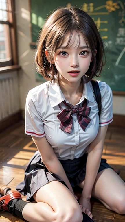 ((highest quality, 8K, masterpiece :1.3)), Photorealistic、Ultra-high resolution、Natural skin texture、Hyperrealism、Photograph from the knee up、 beautiful Japanese girl、Large breasts、White collared shirt and tie、Checkered mini skirt、Serious expression、Angry