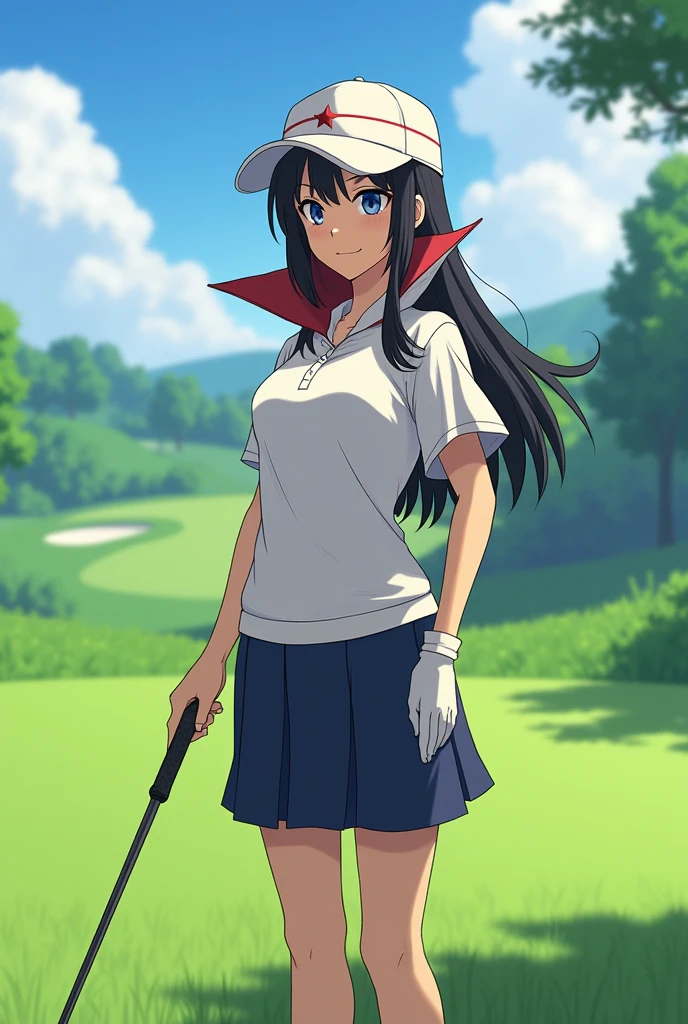 sound high resolution 8k beauty Woman playing golf Golf course Beautiful woman Timid Black Hair Golf Wear mini skirt smile looking at the camera nice shot No sleeve hat wild