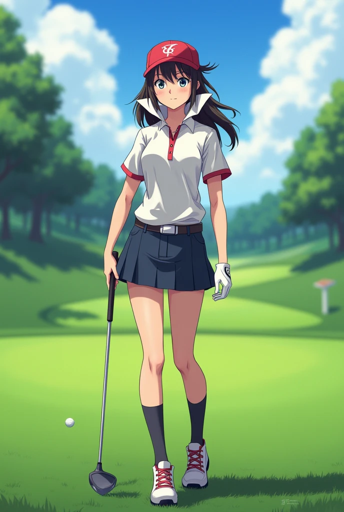 sound high resolution 8k beauty Woman playing golf Golf course Beautiful woman Wolf Cut Black Hair Golf Wear mini skirt smile looking at the camera nice shot No sleeve Sun visor