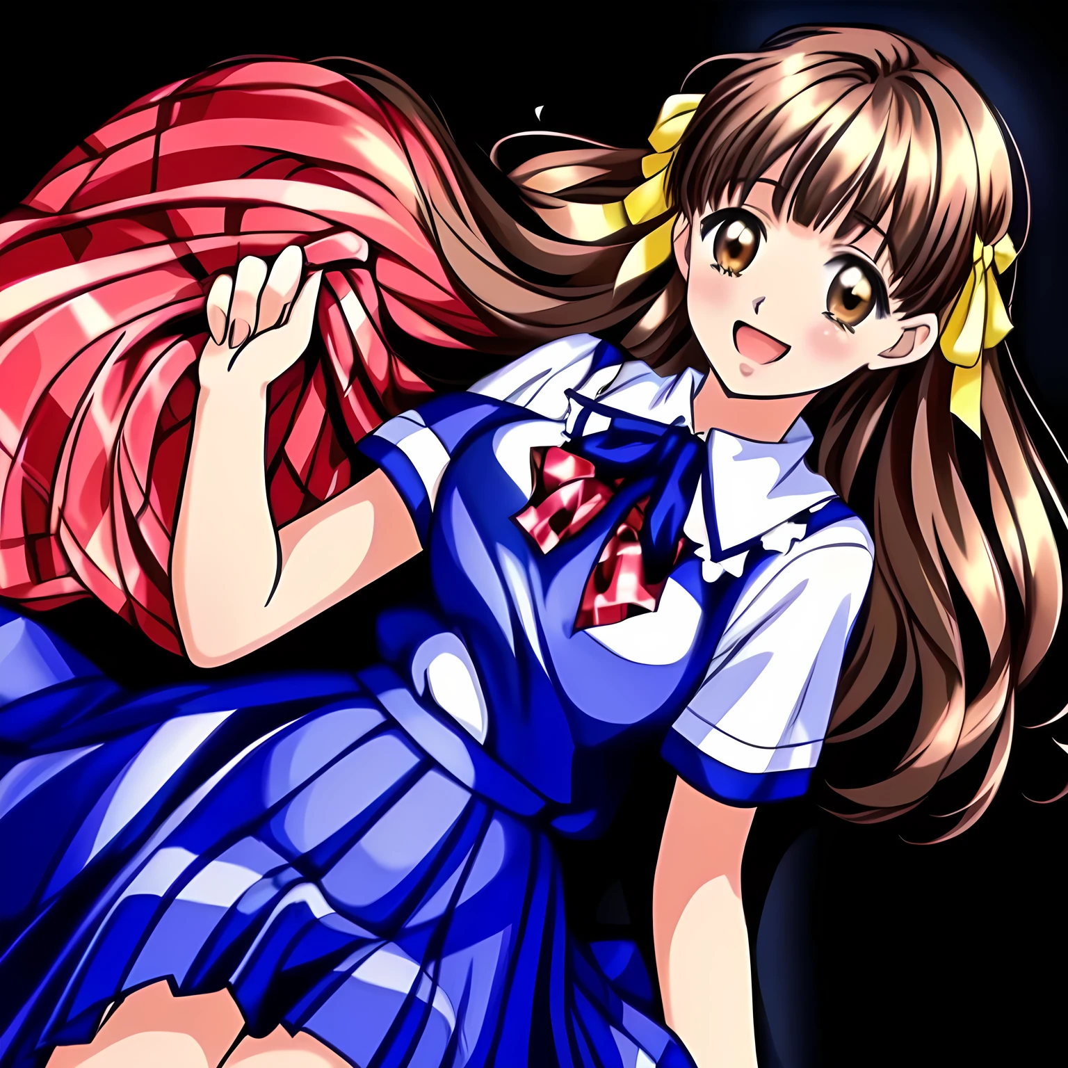 (highest quality, masterpiece: 1.6), (Two girls, Beautiful noble beautiful lying anime noble heroines, beautiful giggling noble elegant 15yot anime heroines wares completely white frilled girly blouse and school uniform is lying on a magical sexy bed and inviting me into deep harem of siren and succubi, Noble Elegant uniform: 1.5), (Very white frilled blouse), (Anime-heroine's girly noble laughing giggling brown eyes: 1.6), (Realistic Charming neat navy-colored very-neat well-pleated long checkered plaid school skirt: 1.5), (black background: 1.7), (Eyes, face and hair, and skirt is especially cutely detailed and carefully drawn), (Girl whom everyone loves because of her beauty and lovely fashion and noble manner and mind of succubus and magic-charm of succubus: 1.0), (Very beautiful, wavy, cutely super-super-long straight gorgeous rich dark black hair like hair model, with elegant big yellow hair ribbons: 1.3), (Drives me crazy for their neat skirts and Make me fall into their skirts: 1.5), (beautiful black hair: 1.5), (Perfect body style like a fashion model), (They are lifting a very long expansive black bottle with both hands)