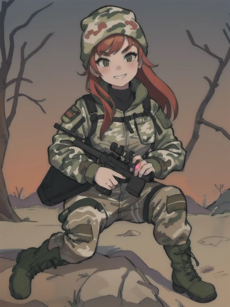 girl with smile and red hair, with a camouflage jacket, camouflage balaclava, camouflage pants and army boots.