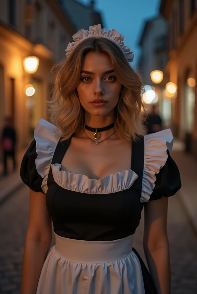 masterpiece, highest quality, 8k high quality photo, cinematic lighting, deep shadow, 1girl, wearing maid dress, gorgeous face, fearless smile, smooth soft parl skin, light-blown medium wavy hair, looking into camera, (standing on european street), model posing, front view,((cowboy shot)), (maid costum:1.2), at late night, ((night:1.5)) 