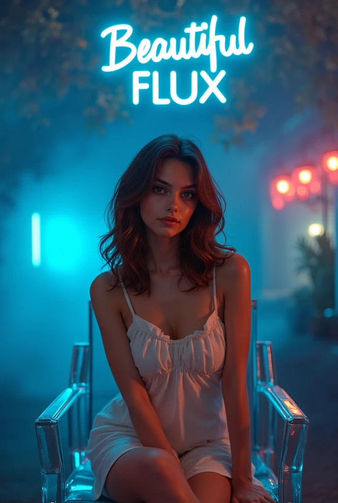 In a futuristic photo studio, a young woman, brown hair siren sits poised on a glass chair, enveloped by cinematic lighting and mesmerizing LED/neon accents. The sundress hugs her curves as she gazes directly at the camera, exuding sensuality amidst the textured night sky and moonlight backdrop. The 'Beautiful FLUX' sign above her head adds to the allure, while her expressive face, bathed itmosphere of ambiguity, beckons the viewer's gaze.