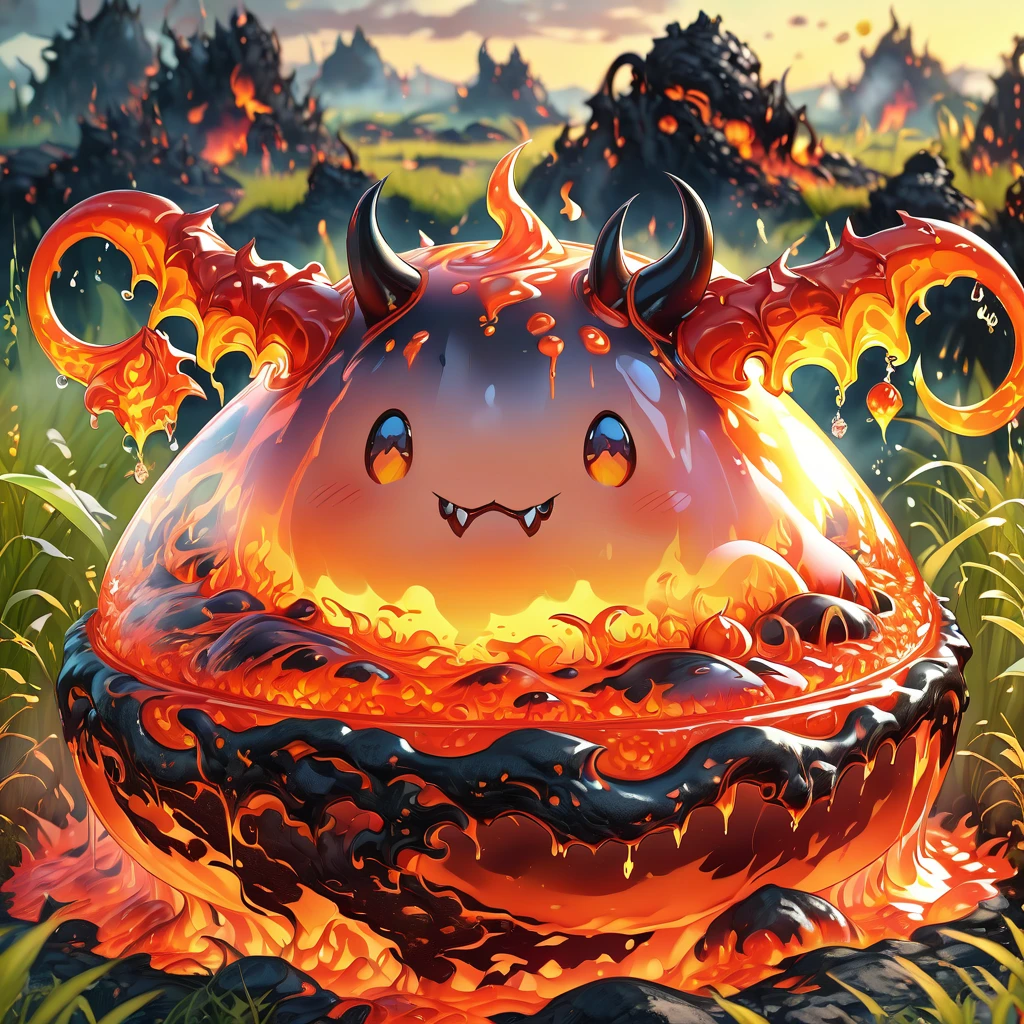 Best quality, very good, 1.60,000, Ridiculous, Extremely detailed, Cute slime devil，The horns are made of translucent boiling lava, Background grassland ((A masterpiece full of fantasy elements))), ((Best quality)), ((Intricate details)) (8K), ((Best quality)), ((Intricate details)) (8K)