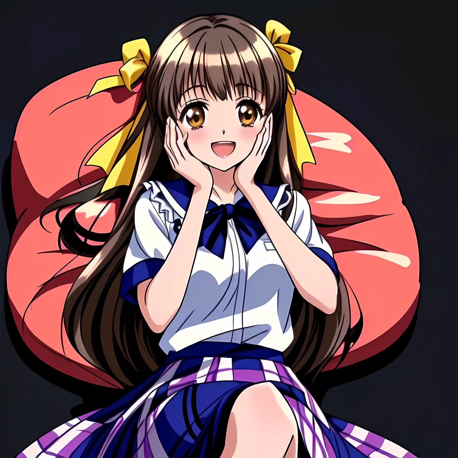 (highest quality, masterpiece: 1.6), (Two girls, Beautiful noble beautiful lying anime noble heroines, beautiful giggling noble elegant 15yot anime heroines wares completely white frilled girly blouse and school uniform is lying on a magical sexy bed and inviting me into deep harem of siren and succubi, Noble Elegant uniform: 1.5), (Very white frilled blouse), (Anime-heroine's girly noble laughing giggling brown eyes: 1.6), (Realistic Charming neat navy-colored very-neat well-pleated long checkered plaid school skirt: 1.5), (black background: 1.7), (Eyes, face and hair, and skirt is especially cutely detailed and carefully drawn), (Girl whom everyone loves because of her beauty and lovely fashion and noble manner and mind of succubus and magic-charm of succubus: 1.0), (Very beautiful, wavy, cutely super-super-long straight gorgeous rich dark black hair like hair model, with elegant big yellow hair ribbons: 1.3), (Drives me crazy for their neat skirts and Make me fall into their skirts: 1.5), (beautiful black hair: 1.5), (Perfect body style like a fashion model), (They are lifting a very long black bottle up to their face with both hands: 1.3)