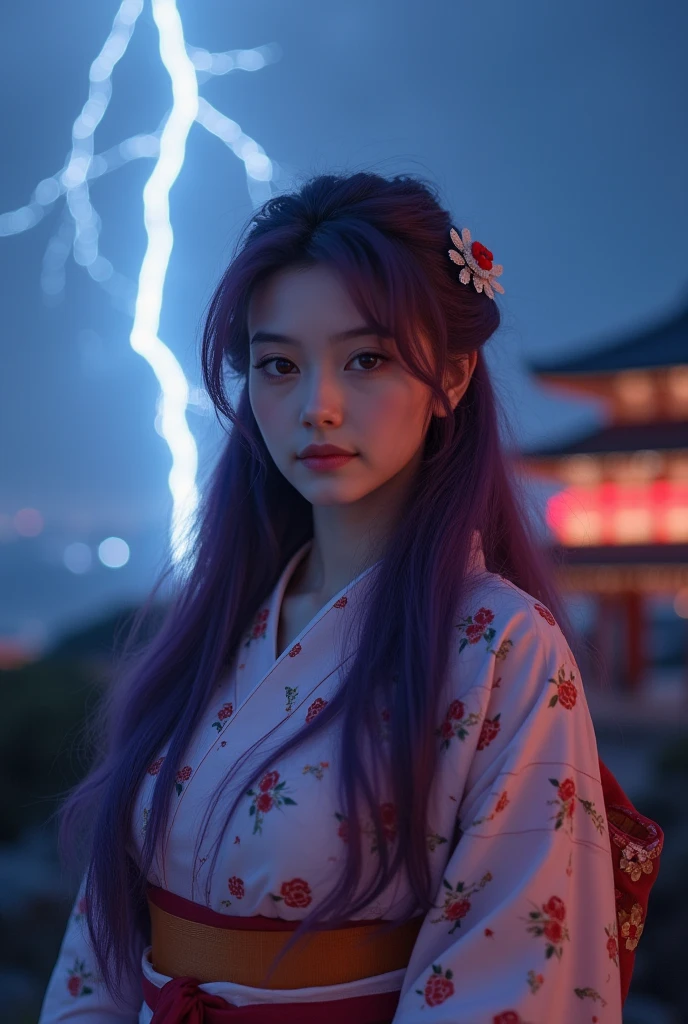 highest quality, masterpiece, high-detail, Reflects light realistically, 1 girl, Upper body, wearing kimono, Big breasts, perfect face, Clear eyes, long-haired, purple hair, Hair Decoration, sky of lightning, night sky, Ancient building in the background, shallow depth of field, looking at the audience