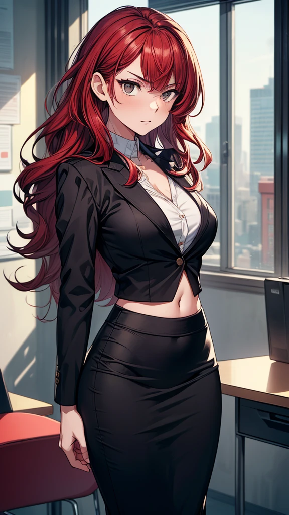 masterpiece, best quality, high detail, (1girl), beautiful angry business woman, solo focus, long wavy hair, red hair, (black blazer), (black midi pencil skirt), ((long skirt)), wide hips, midriff, navel, office interior,