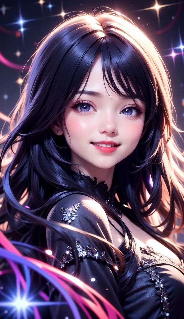 An anime-inspired cute gothic girl under a vibrant, starry night sky. Her long black hair with silver streaks flows gently, and she wears a playful gothic outfit with lace, frills, and a short dress. The stars are dynamic, swirling in magical patterns, adding energy to the scene. Her large eyes sparkle with joy, her expression is radiant and cute, with a soft blush on her cheeks. The colors are bold and vivid, giving the scene more visual impact and energy, while keeping the gothic and celestial atmosphere. The overall style is more expressive and charming, blending anime cuteness with gothic elements perfectly.