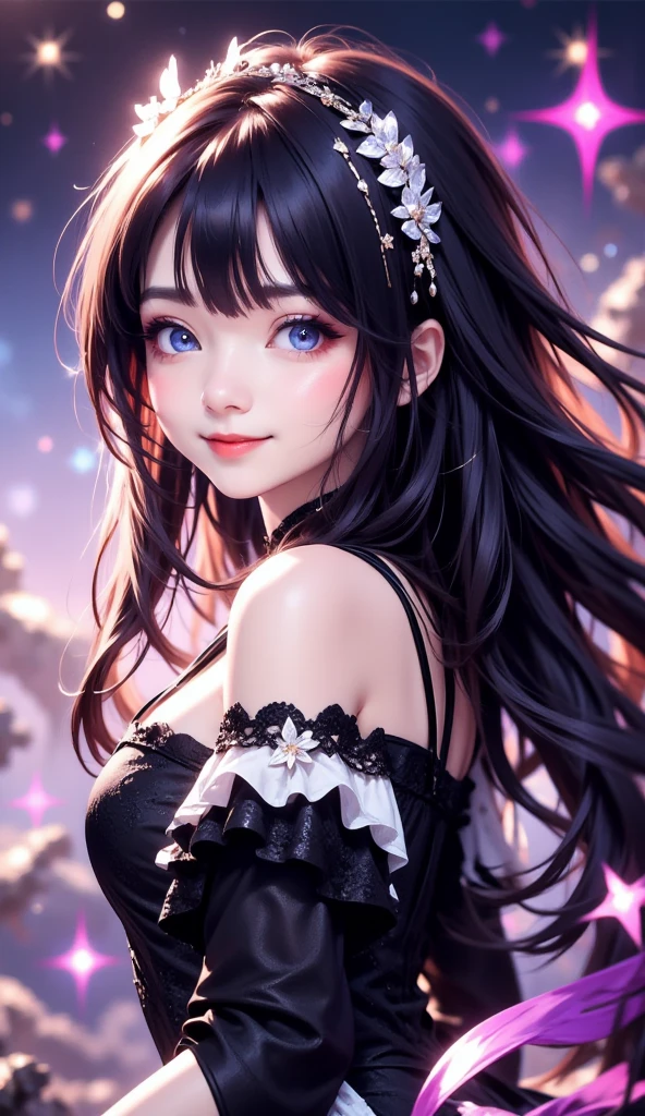 An anime-inspired cute gothic girl under a vibrant, starry night sky. Her long black hair with silver streaks flows gently, and she wears a playful gothic outfit with lace, frills, and a short dress. The stars are dynamic, swirling in magical patterns, adding energy to the scene. Her large eyes sparkle with joy, her expression is radiant and cute, with a soft blush on her cheeks. The colors are bold and vivid, giving the scene more visual impact and energy, while keeping the gothic and celestial atmosphere. The overall style is more expressive and charming, blending anime cuteness with gothic elements perfectly.