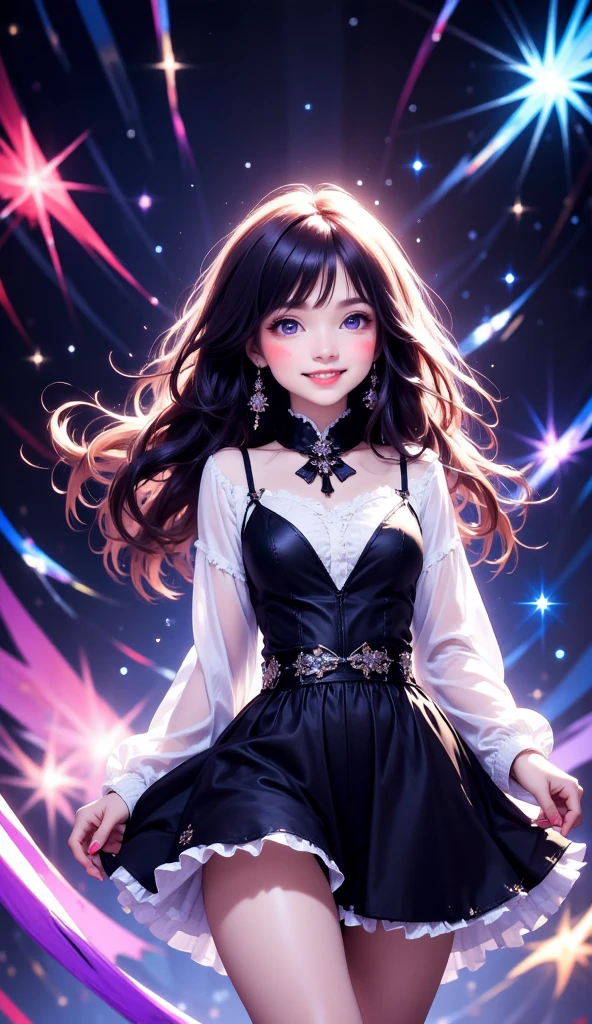 An anime-inspired cute gothic girl under a vibrant, starry night sky. Her long black hair with silver streaks flows gently, and she wears a playful gothic outfit with lace, frills, and a short dress. The stars are dynamic, swirling in magical patterns, adding energy to the scene. Her large eyes sparkle with joy, her expression is radiant and cute, with a soft blush on her cheeks. The colors are bold and vivid, giving the scene more visual impact and energy, while keeping the gothic and celestial atmosphere. The overall style is more expressive and charming, blending anime cuteness with gothic elements perfectly.