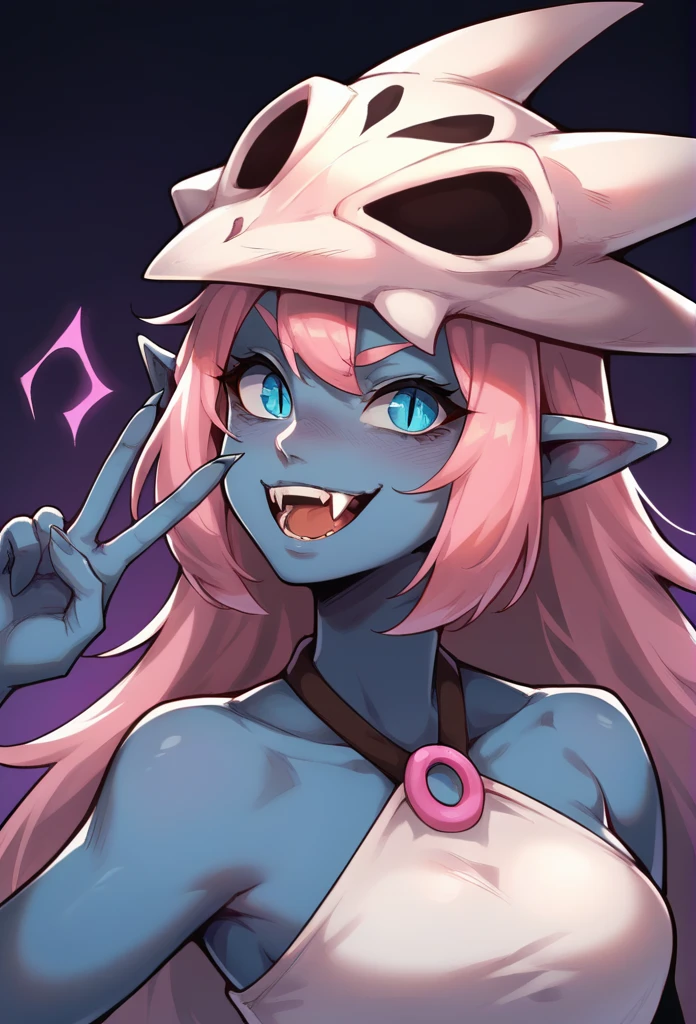 (score_9, score_8_up), score_7_up, score_6_up, Coqueline, 1girl, blue skin, pink hair, blue eyes, skull hat, pointy ears, short beige dress, sleeveless, bare shoulders, halterneck, upper body, purple background; :D, fangs, peace sign, v, looking at viewer, slit pupils, 