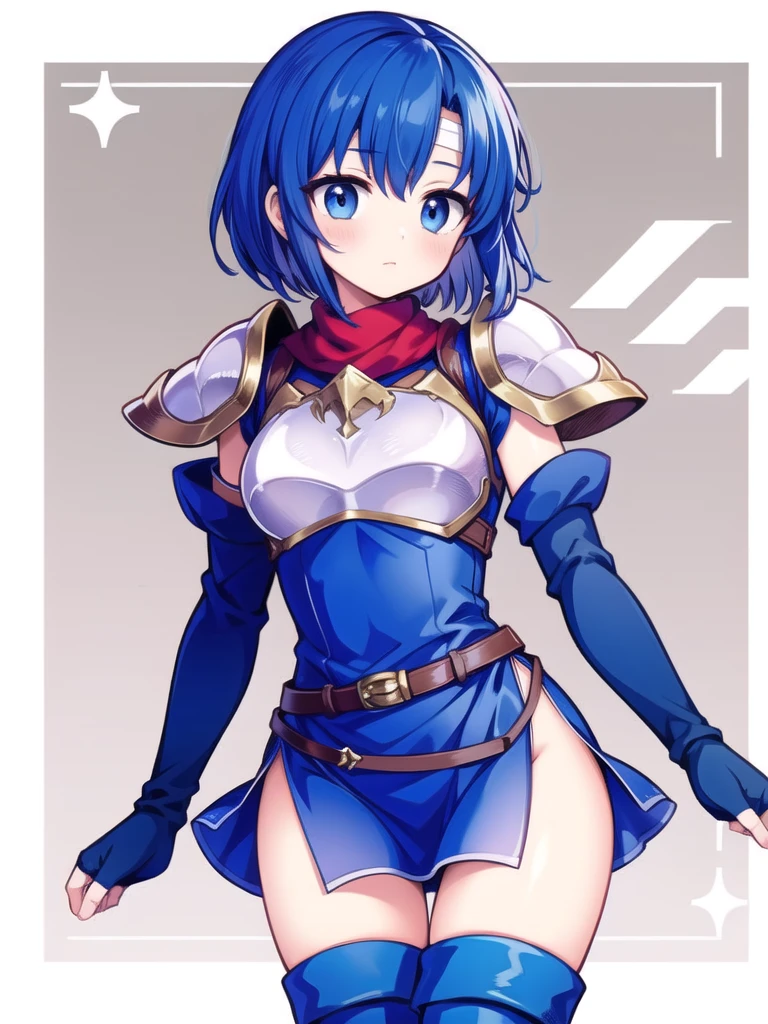 1girl, masterpiece, best quality, perfect hands, blue hair, short hair, catria, short dress, blue elbow gloves, belt, blue fingerless gloves, armor, blue thigh boots, side slit, breastplate, headband, pegasus knight uniform \(fire emblem\), blush, parted bangs, pkuniform, blue dress, zettai ryouiki, thighhighs, gloves, shoulder armor, pauldrons