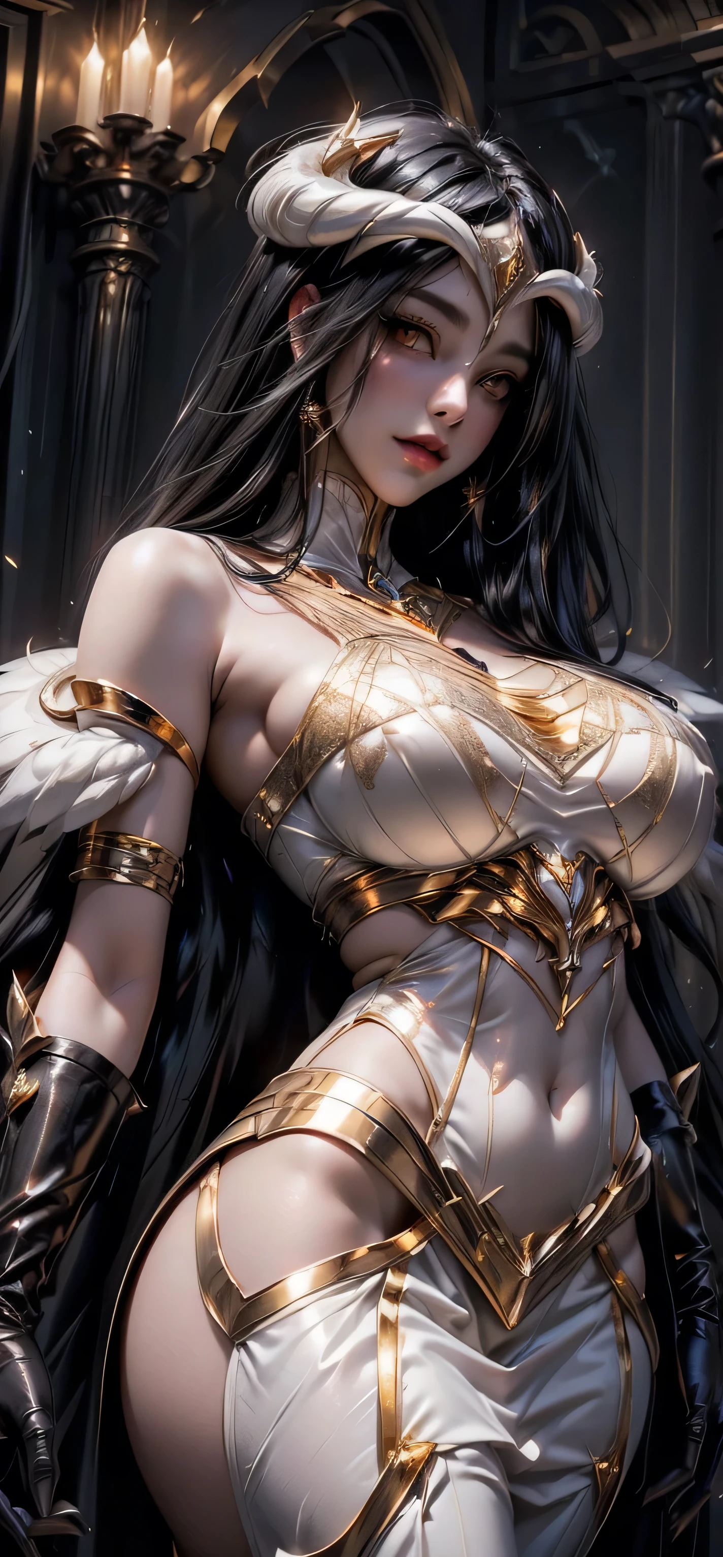 A (super realistic) beautiful sexy woman(albedo _overlord) with (glossy orange colour eyes(perfect detailing) and white attire(detailed) with gold jewellery on breast, beautiful breast, black long beautiful hair, hyper detailed black wings (every thing with best detailing), making a perfect sexy eyes contact.