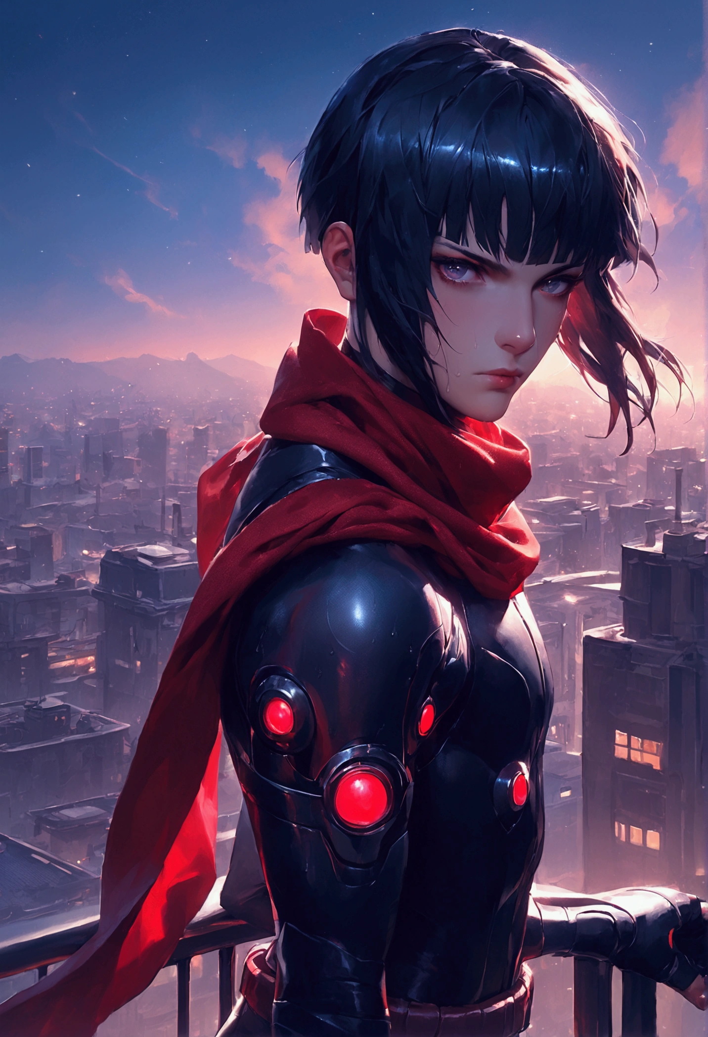 core_9, score_8_up, score_7_up, Very beautiful boy,The moment to jump,Strike a Pose,Dynamic Photography,Serious expression,Ninja Mask, Ninja clothing,Red scarf,Wakizashi,Shuriken,Black Hair,,Semi-long,Hime cut,Night view,Rooftop,metropolis,Cyberpunk,Unreal beauty,Captivating eyes, femboy, trap,Sweating,Beautiful Shadows,Best Quality, (Intricate details), Cinematic Light,Ray Tracing