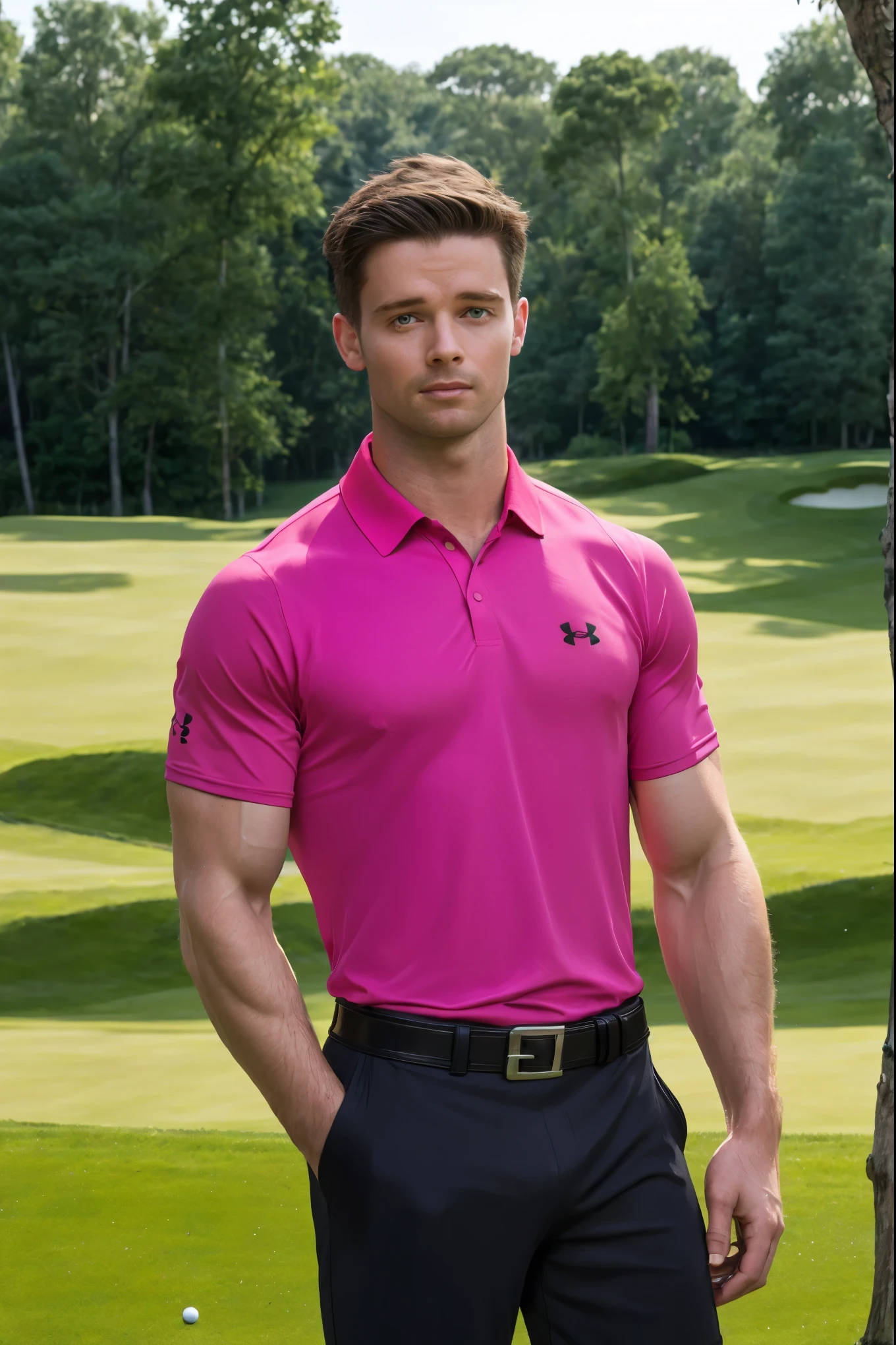 Patrick Schwarzenegger, ((wearing a tight (pink) under armour golf polo shirt:1.2)), (shirt sleeves tight around his biceps:1.3), ((wearing tight black shorts with black belt with a silver buckle:1.2)), black shorts+++, ((bulge in shorts++)), standing on golf course, (golf course background:1.3), male focus, ((upper body image:1.2)), dramatic lighting, defined toned body, looking at the viewer, blue eyes, short brown hair, confident, wide angle,