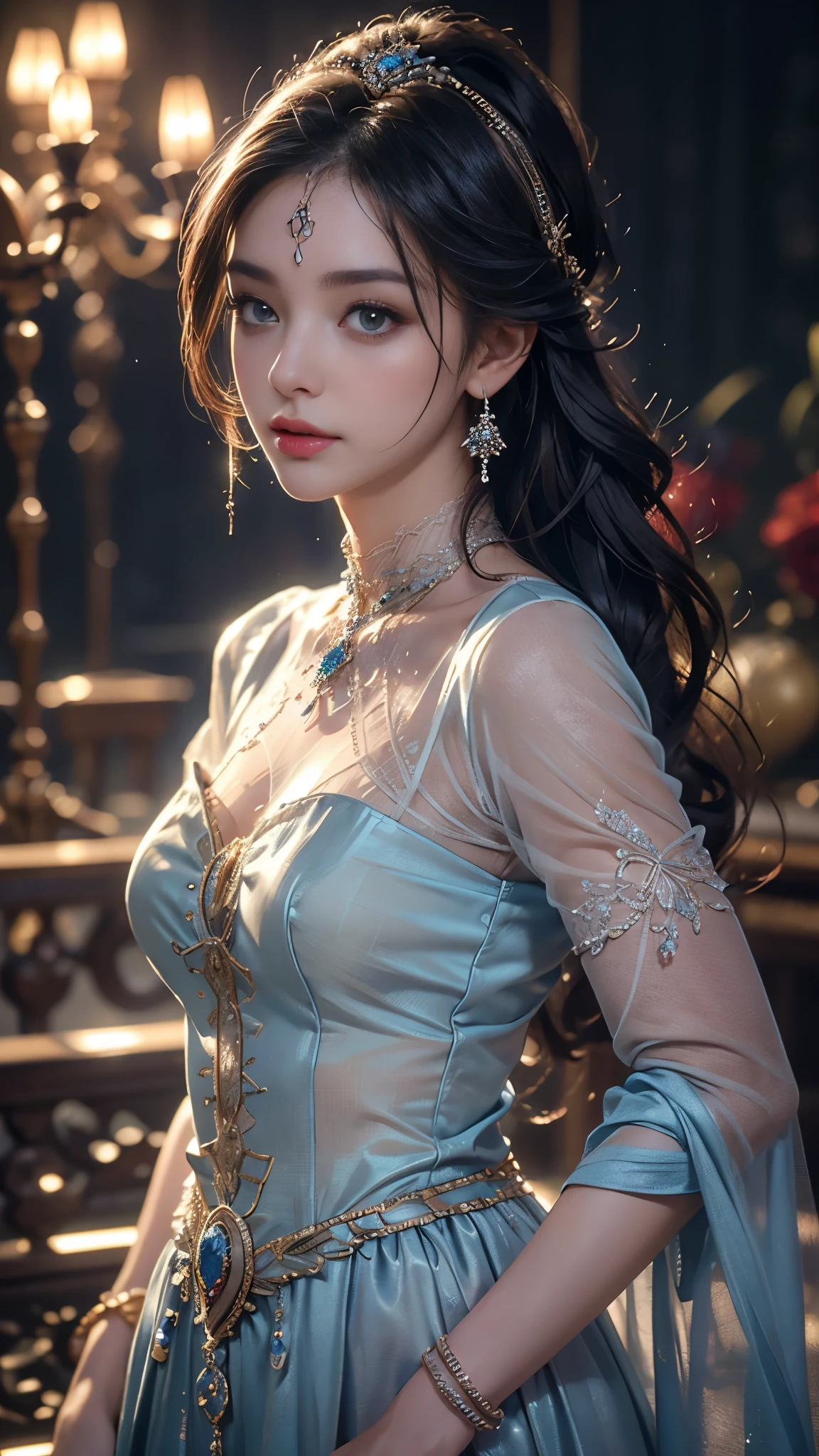 masterpiece, best quality, Very detailed, Facing the camera, Very detailed, Practical, Distinctive features, Very detailed, Clear focus, Perfect face, Perfect face, Perfect eyes with perfect symmetry, Perfect plump lips, Flexible female form, Movie, lamp, Very detailed, hyper Practical, masterpiece, atmosphere, high resolution, Energetic, Dynamic studio lamp light, ((Dark background)), Endure the expression of happiness, Straight bangs, Blue eyes,Cowboy shooting,Expression of sexual arousal、White Wedding Dress,(best qualityer, ultra details, photorrealistic: 1.39), Face of a naughty 29 year old teenager, beautfull woman, (mellow), pale white skin, red cheek, blush, bright and vibrant colors, studio lighting, romantic expression, perfect large breasts, shoulder straps, plunging neckleace, during, (black gown), luxurious dress, clavicle, neckleace, luxurious, (beautiful round breasts:1.2), (thighs point of view), wind blowing hair, bright coloured, dynamic lighting, ((face detailed)), long silver hair, side bangsss, bangss, wavy hair, (wire braids), hair clips, hair over eyes, blue colored eyes, attractive eyes, Glossy lips, pose sexy, beautiful roses, smiling with confidence and seduction, Posing for a professional photo shoot, Shallow depth of field, soft natural lighting, Creating a dreamy and magical atmosphere, vampyre, Gothic, on the bed, dark Castle