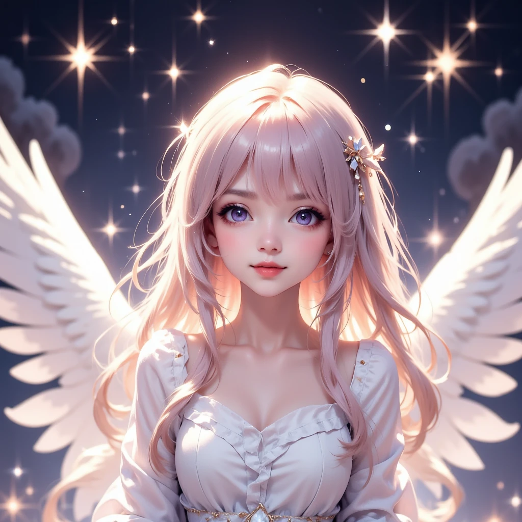 In Japanese Anime style, a wide shot captures a cute angel girl with big, sparkling eyes and a sweet smile. She has fluffy white wings and long, softly colored hair flowing in the breeze, dressed in a ruffled dress adorned with stars and ribbons. The background is a starry night sky, surrounded by a soft glow, creating a dreamy, adorable atmosphere, all in 4K ultra-clear quality.