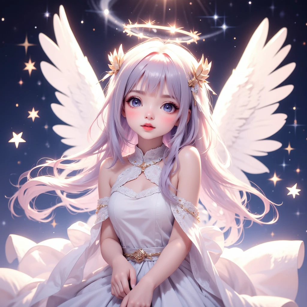 In Japanese Anime style, a wide shot captures a cute angel girl with big, sparkling eyes and a sweet smile. She has fluffy white wings and long, softly colored hair flowing in the breeze, dressed in a ruffled dress adorned with stars and ribbons. The background is a starry night sky, surrounded by a soft glow, creating a dreamy, adorable atmosphere, all in 4K ultra-clear quality.