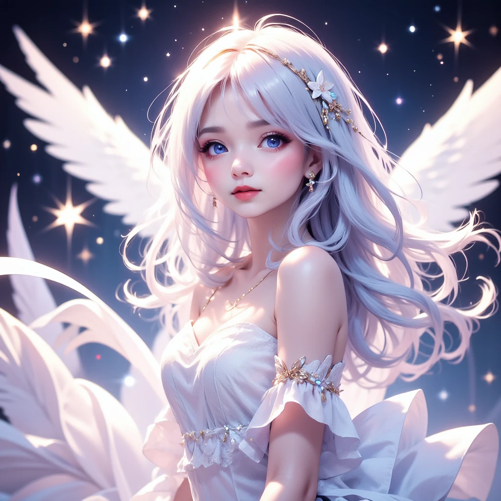 In Japanese Anime style, a wide shot captures a cute angel girl with big, sparkling eyes and a sweet smile. She has fluffy white wings and long, softly colored hair flowing in the breeze, dressed in a ruffled dress adorned with stars and ribbons. The background is a starry night sky, surrounded by a soft glow, creating a dreamy, adorable atmosphere, all in 4K ultra-clear quality.