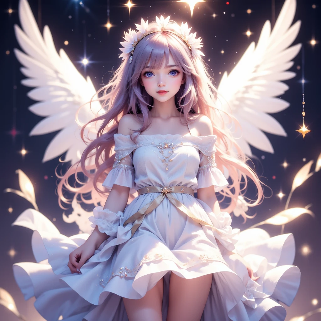 In Japanese Anime style, a wide shot captures a cute angel girl with big, sparkling eyes and a sweet smile. She has fluffy white wings and long, softly colored hair flowing in the breeze, dressed in a ruffled dress adorned with stars and ribbons. The background is a starry night sky, surrounded by a soft glow, creating a dreamy, adorable atmosphere, all in 4K ultra-clear quality.