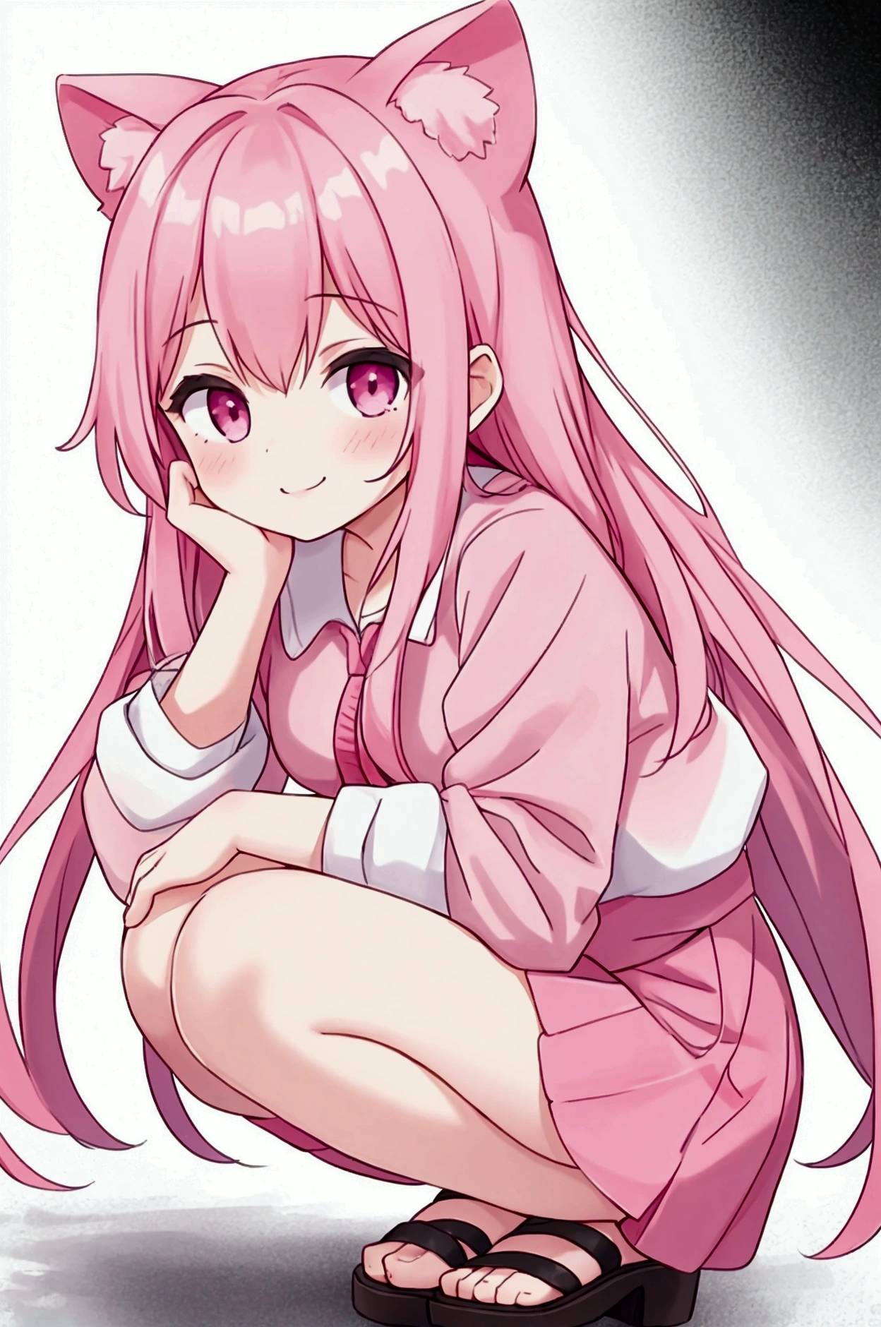 1,sweet,smile,Put your hand on your cheek,Squat,Pink T-shirt,High resolution,high quality,No underwear、Pussy