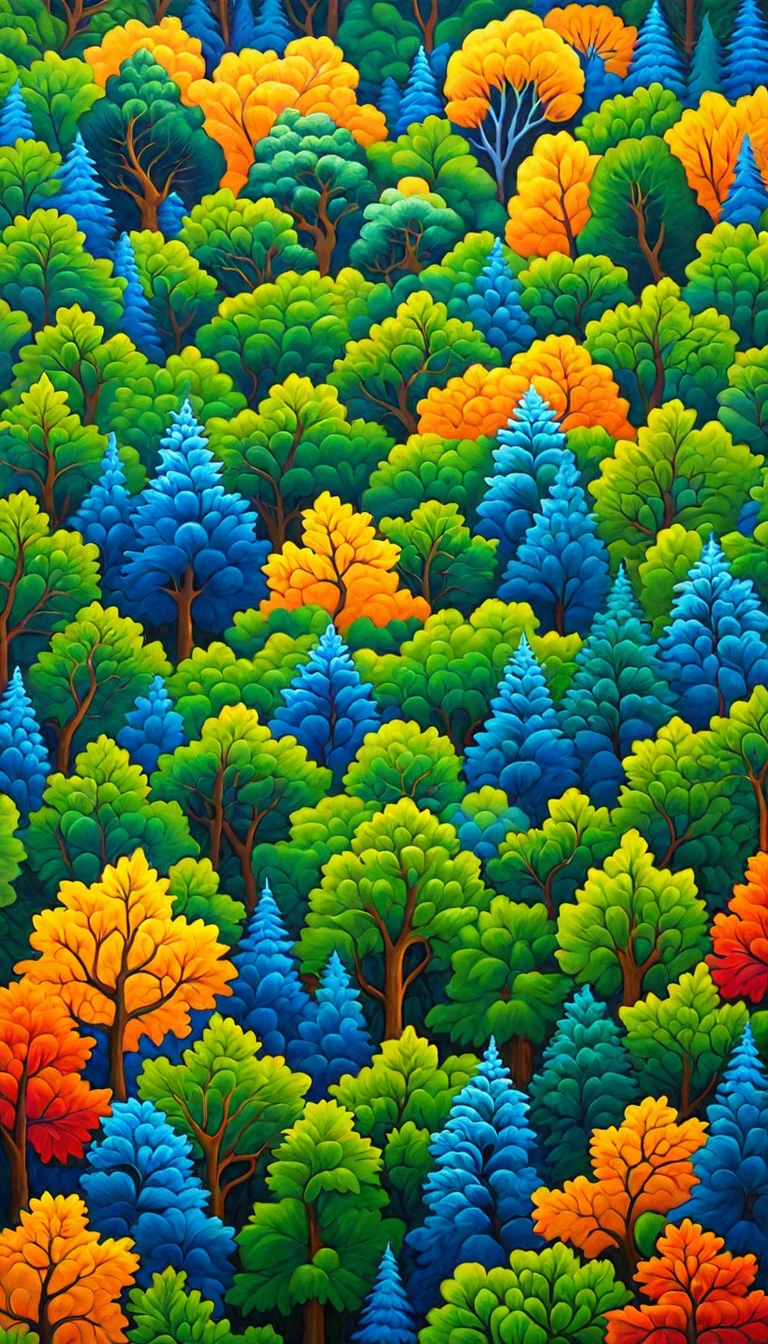 a close up of a painting of a forest with trees, detailed forest, fractal forest, forest colors, happy colors. rob gonsalves, ultra detailed trees, detailed trees, jane newland, trees with lots of leaves, painting of a forest, laurent durieux, very detailed leaves, forest details, forest backdrop, highly detailed leaves, rich forest, vast forest