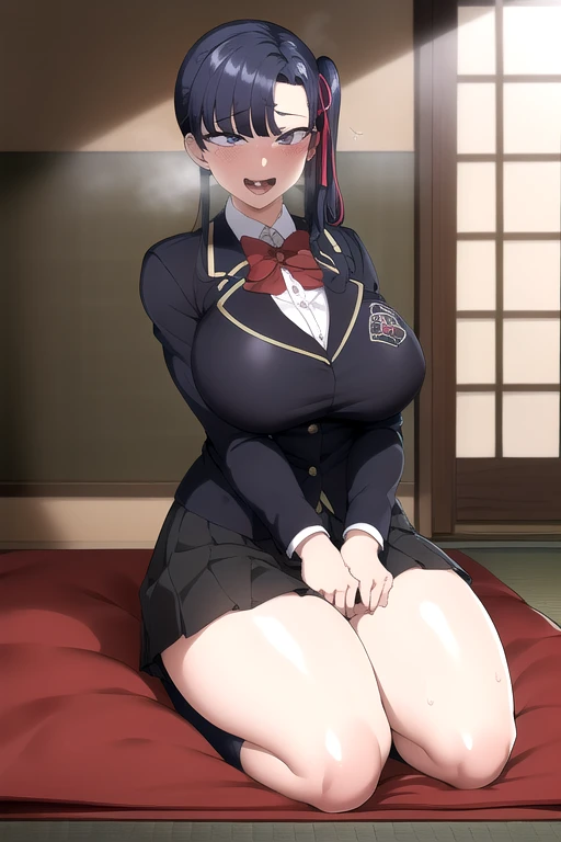 masterpiece, The best quality, Highly detailed , My name is Skr-KJ, black skirt, hentai, Open mouth, corroded, brainwashing, busty, curvo,expression idiot ahegao cross-eyed, smile, pleated skirt, camisa de cuello, long sleeves, session, closed mouth, micro mini school uniform, jacket, Hair ribbon, flower, socks, inside, side collection, socks, Red bow, seiza, tatami, sliding doors, vase, hands on thighs, a zabuton, large thighs; cara expresion ahegao, Damn bitch, pervert, attractive, thirsty