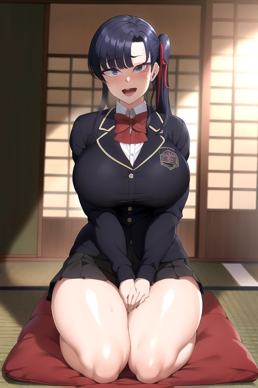 masterpiece, The best quality, Highly detailed , My name is Skr-KJ, black skirt, hentai, Open mouth, corroded, brainwashing, busty, curvo,expression idiot ahegao cross-eyed, smile, pleated skirt, camisa de cuello, long sleeves, session, closed mouth, micro mini school uniform, jacket, Hair ribbon, flower, socks, inside, side collection, socks, Red bow, seiza, tatami, sliding doors, vase, hands on thighs, a zabuton, large thighs; cara expresion ahegao, Damn bitch, pervert, attractive, thirsty