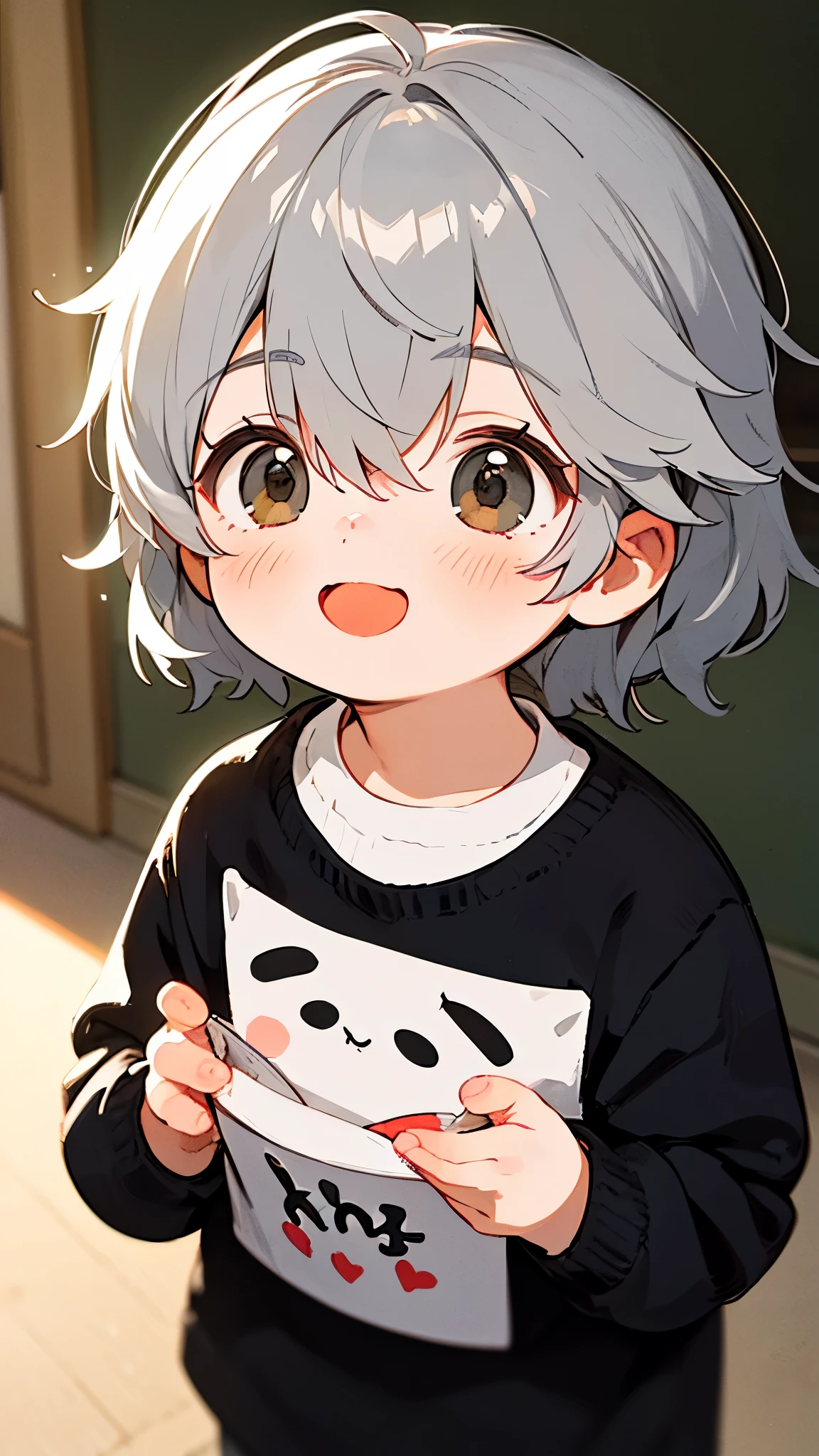 (1 cute boy), solo, small build, short stature, shiny black straight hair, shiny dark brown eyes, cute face, healthy skin, shiny skin, happy smile, warm khaki sweater, black jeans, standing, blurry park background, (detailed hair, detailed face, detailed eyes), detailed skin, (best quality, high quality), ultra high resolution, very detailed, (masterpiece), 8k, vivid colors, fuli color,