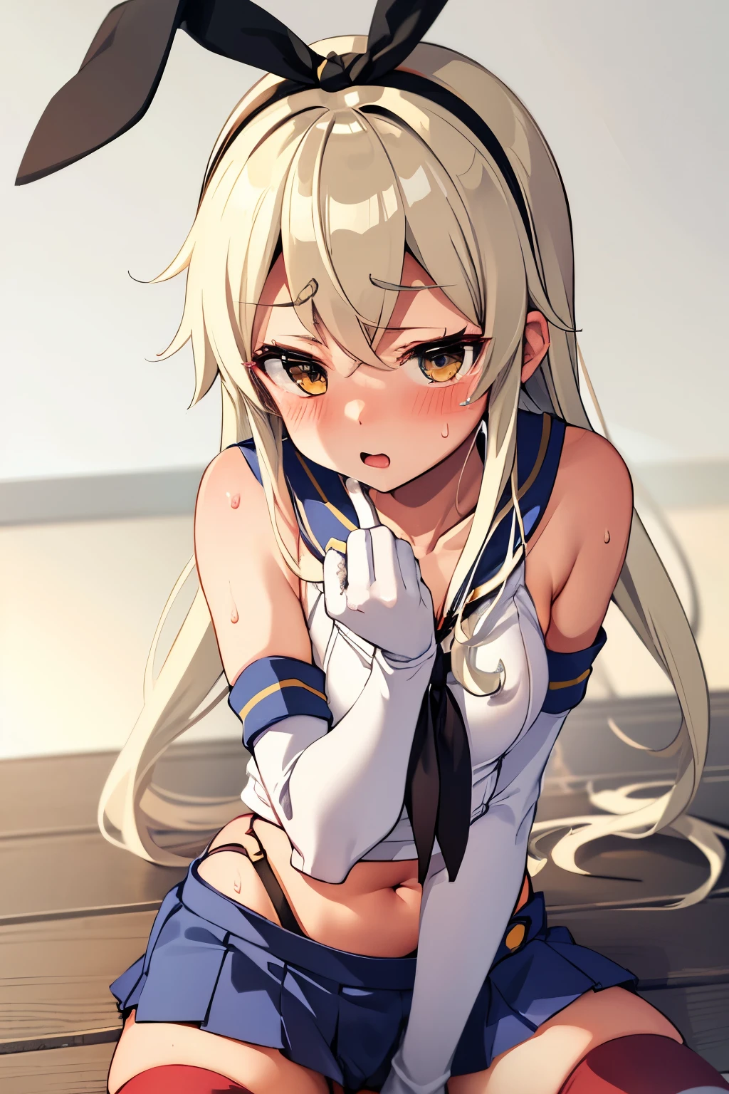 Shimakaze, crawling position, blush, trembling, heart symbol, lovely, sweaty