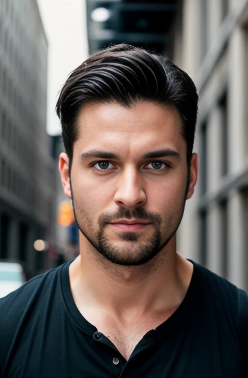 1man,
a 30 years old,muscle man,small beard, and charming expression,gloomy eyes,blue eyes, wearing a black shirt, on a street,
soft lighting,
masterpiece, best quality, 8k uhd, dslr, film grain, Fujifilm XT3 photorealistic painting art by midjourney and greg rutkowski