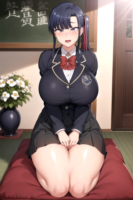 add a MAN, big fat pig of a man standing in the background with an enormous huge penis and balls hanging and dripping cum milk. masterpiece, The best quality, Highly detailed , My name is Skr-KJ, black skirt, hentai, Open mouth, corroded, brainwashing, busty, curvo,expression idiot ahegao cross-eyed, smile, pleated skirt, camisa de cuello, long sleeves, session, closed mouth, micro mini school uniform, jacket, Hair ribbon, flower, socks, inside, side collection, socks, Red bow, seiza, tatami, sliding doors, vase, hands on thighs, a zabuton, large thighs; cara expresion ahegao, Damn bitch, pervert, attractive, thirsty