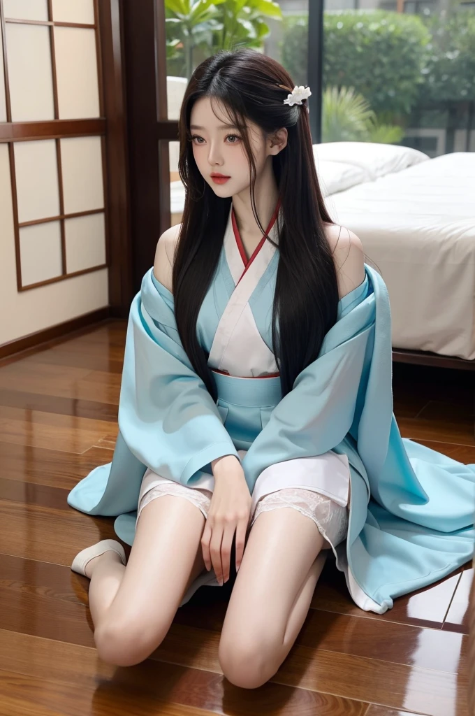 A beautiful woman in Hanfu sitting on the bed drinking tea,long hair,best quality
