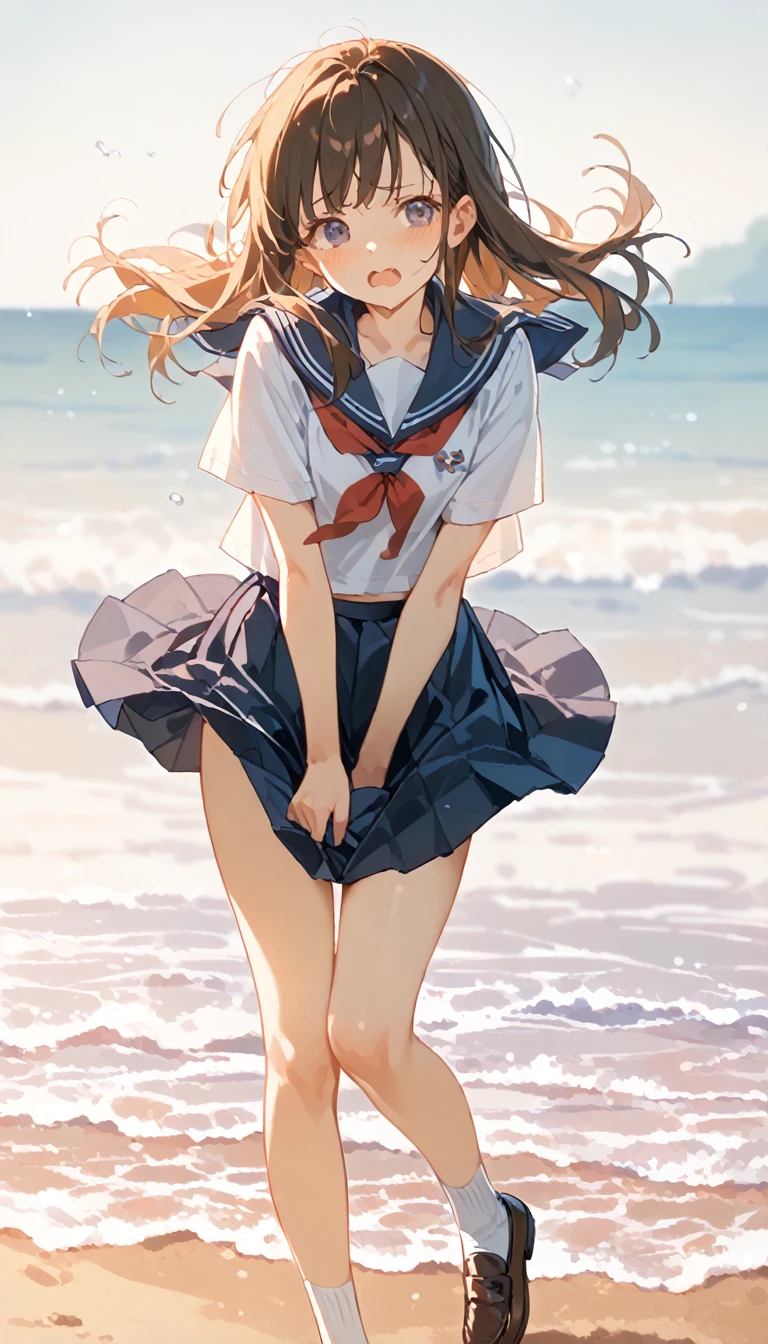 1 girl, beach side, very windy, wind lift skirt, tug skirt, slim thighs, blushing, frowning, small breasts, slim, slender, Cute short-sleeved sailor uniform, Pleated mini skirt, Sailor collar, Sailor scarf, socks, Brown Loafers,, panty, 