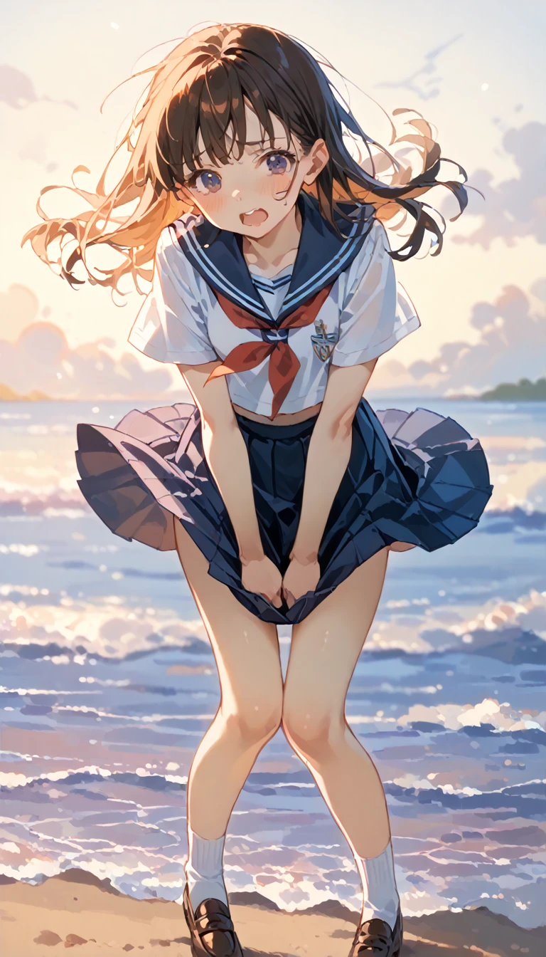 1 girl, beach side, very windy, wind lift skirt, tug skirt, slim thighs, blushing, frowning, small breasts, slim, slender, Cute short-sleeved sailor uniform, Pleated mini skirt, Sailor collar, Sailor scarf, socks, Brown Loafers,, panty, 