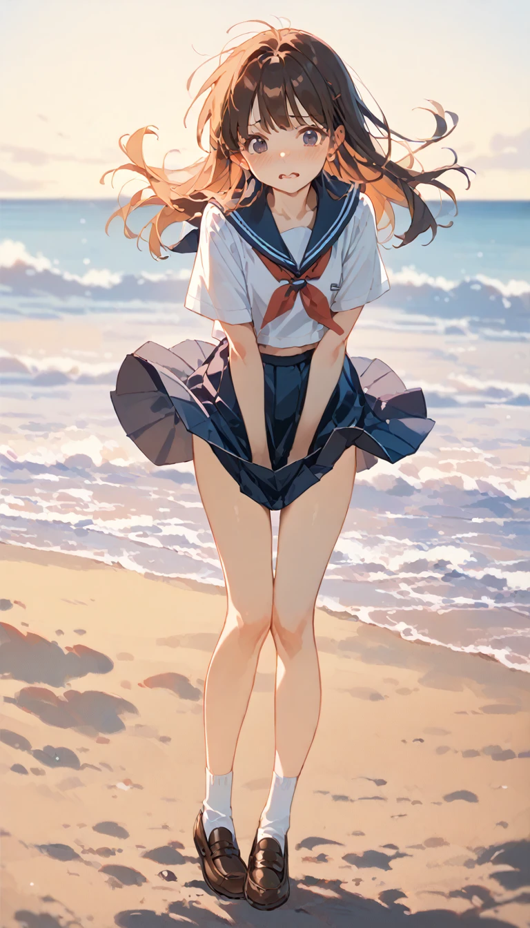 1 girl, beach side, very windy, wind lift skirt, tug skirt, slim thighs, blushing, frowning, small breasts, slim, slender, Cute short-sleeved sailor uniform, Pleated mini skirt, Sailor collar, Sailor scarf, socks, Brown Loafers,, panty, 