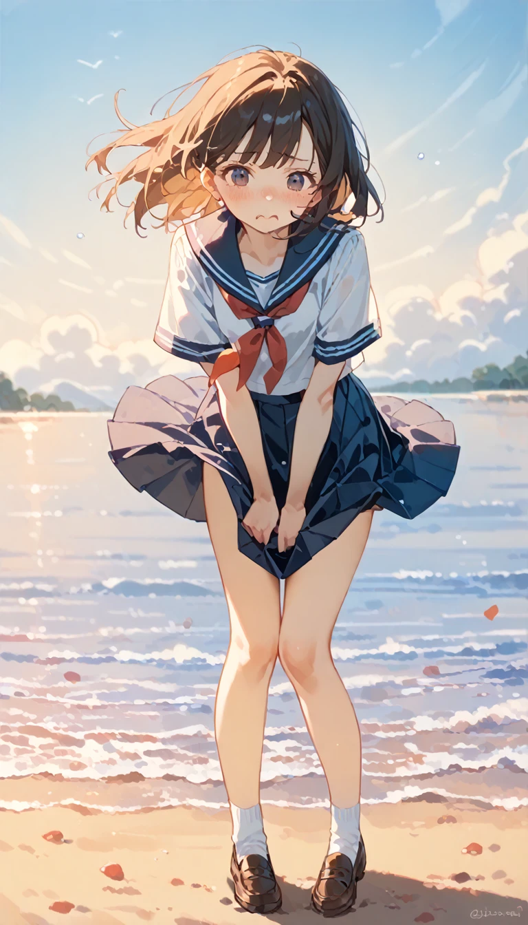 1 girl, beach side, very windy, wind lift skirt, tug skirt, slim thighs, blushing, frowning, small breasts, slim, slender, Cute short-sleeved sailor uniform, Pleated mini skirt, Sailor collar, Sailor scarf, socks, Brown Loafers,, panty, 