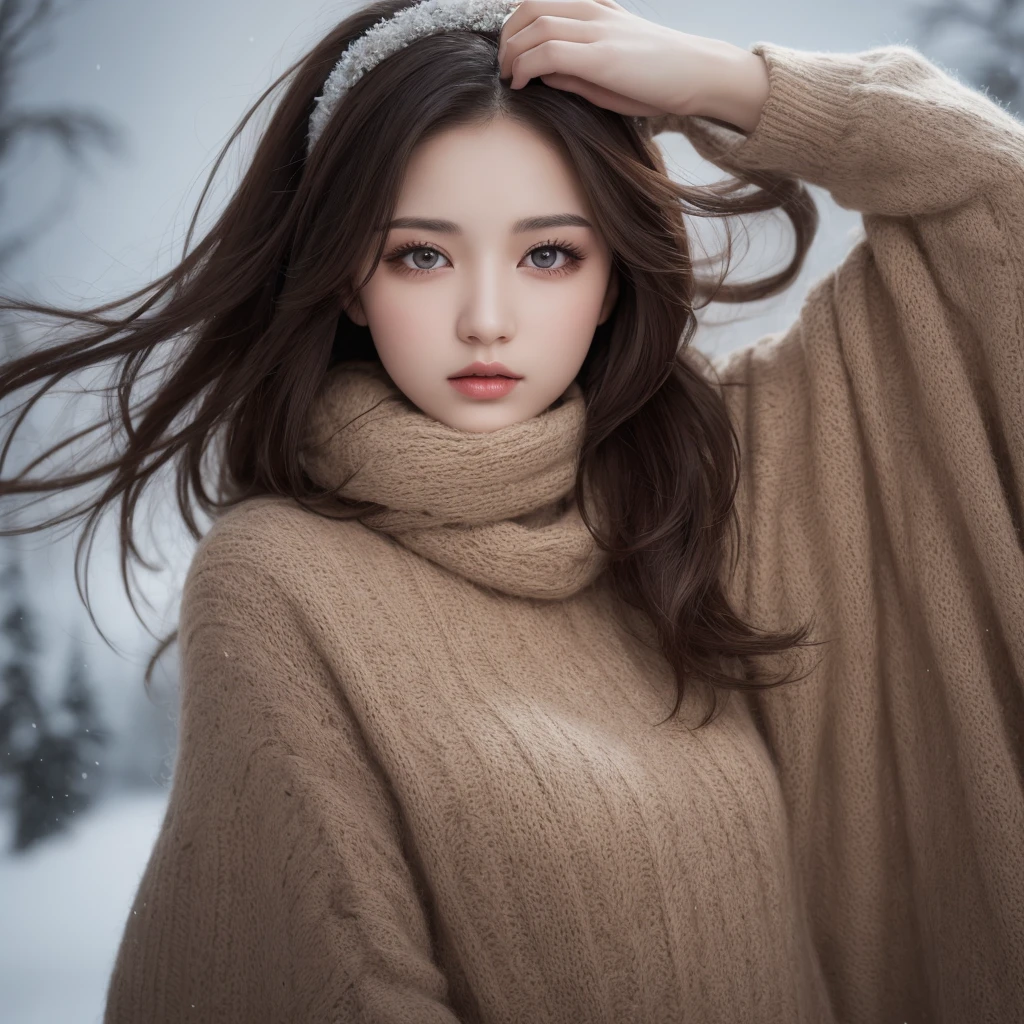 ((hair blowing in the wind、no makeup:1.2))、(realistic、Photoreal、Super detailed、best detailed skins、highest quality、masterpiece、超A high resolution)、cute russian woman、14 years、high school girl、young girl、1 girl、have bangs、ash blonde:1.7、double eyelid、drooling eyes、Japanese style face、purity、realistic skin type、thick muffler、Gray muffler、fluffy hair、((There'hair in scarf:1.3))、red cheeks、The wind is blowing、that'It's snowing、night、illumination、Lighting from behind、hair blowing in the wind、((Antarctica、A meteor shower、A world view of the aurora))