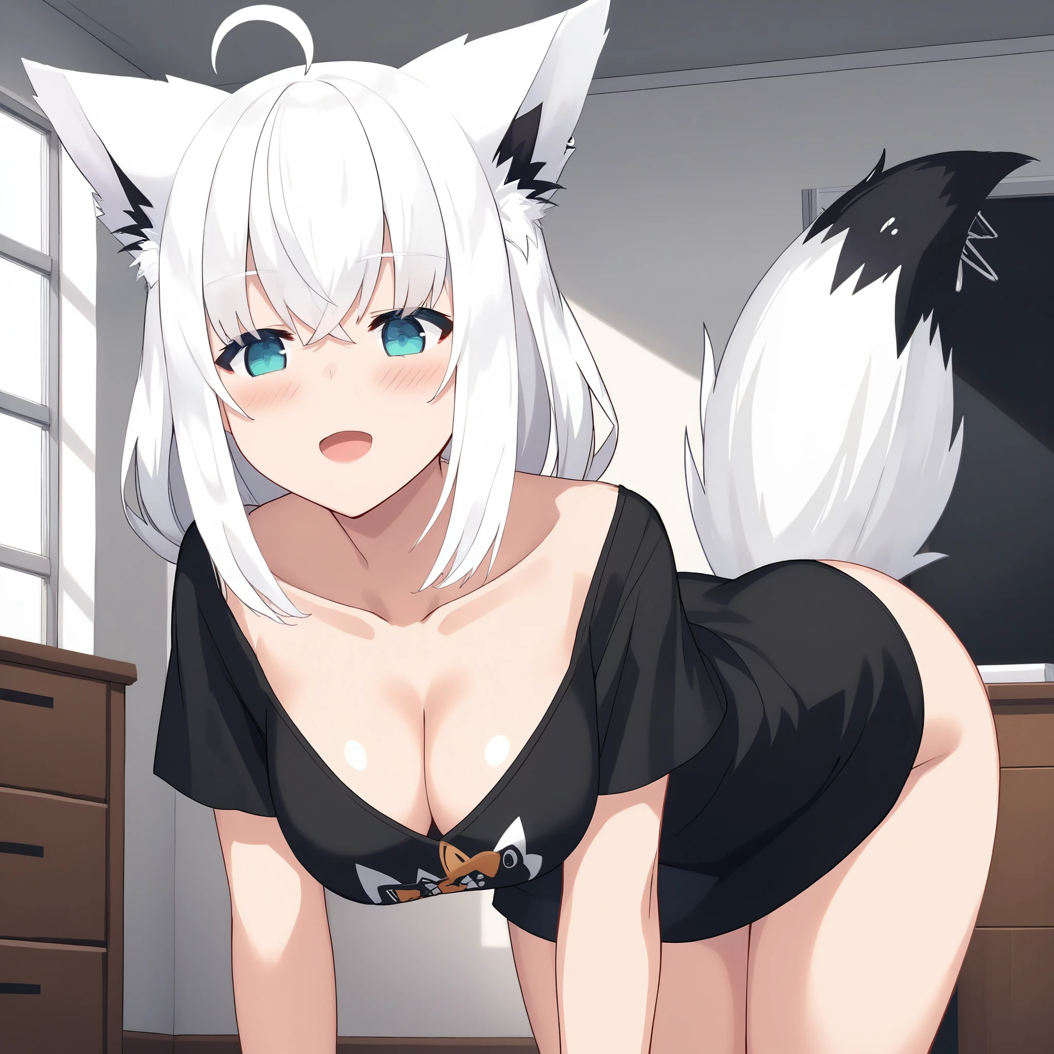 core_9,score_8_up,score_7_up,source_anime,1girl,high res image,masterpiece,best quality,(girl:1),cute face,clear skin,shiny hair,fubuking_hyg,fox ears,ahoge,long hair,black shirt,fox tail,room,indoors,cowboy shot,bent over,cleavage,blush,medium breasts,open mouth,medium hair,white hair