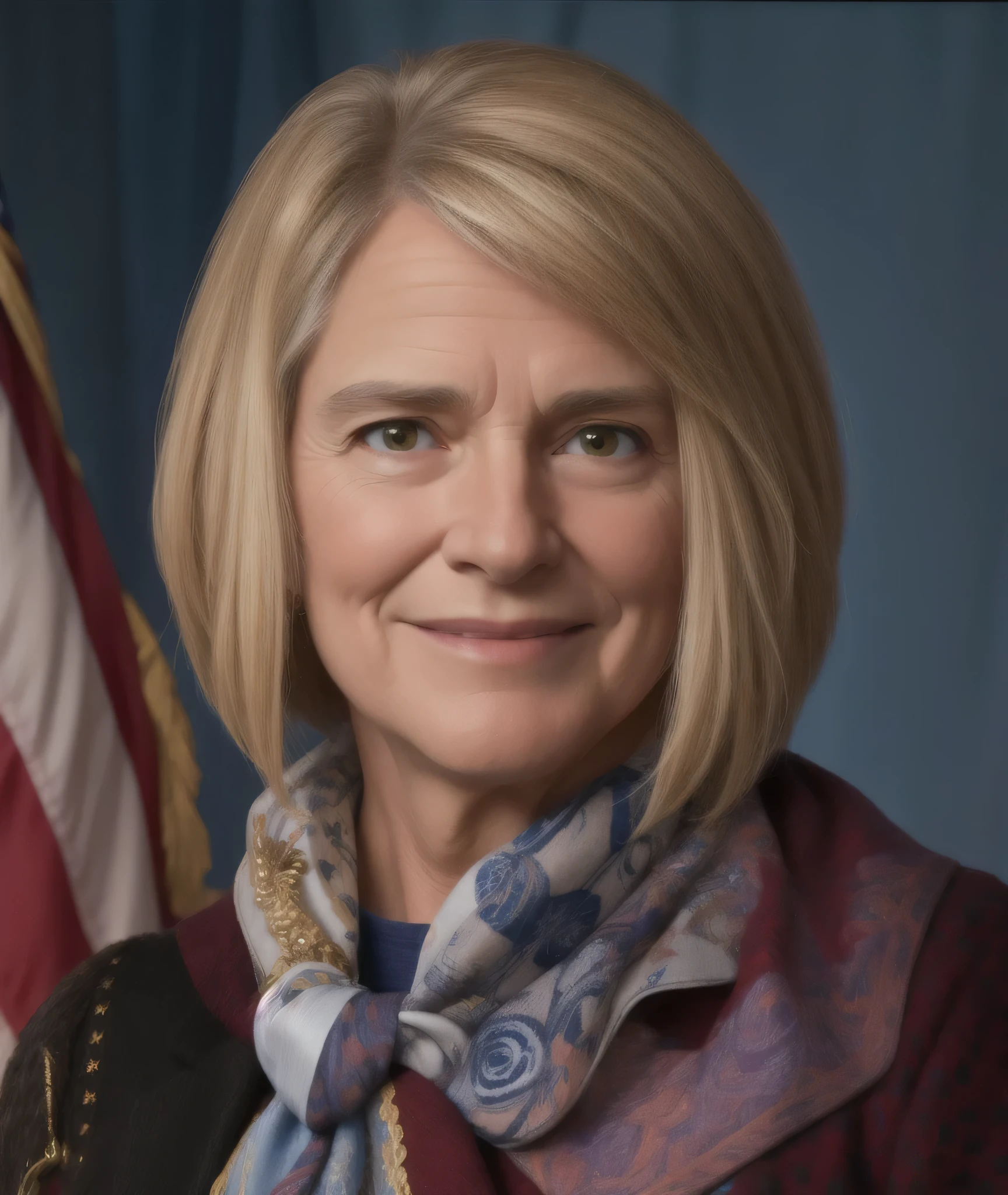 cindy hyde-smith <lora:senate_048_cindy_hyde-smith:0.65> , face closeup, face focus, shirt, formal, suit, collared shirt, white shirt, jacket,
American flag at background ,
best quality, masterpiece, HDR, professional, studio quality, highres,