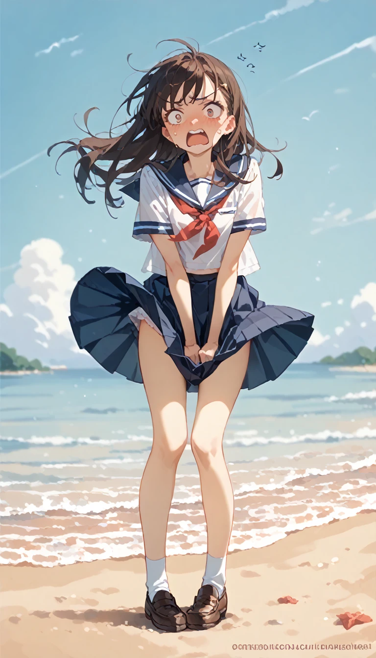 1 girl, beach side, very windy, wind lift skirt, tug skirt, slim thighs, blushing, surprised, annoyed, small breasts, slim, slender, Cute short-sleeved sailor uniform, Pleated mini skirt, Sailor collar, Sailor scarf, socks, Brown Loafers,, panty, 