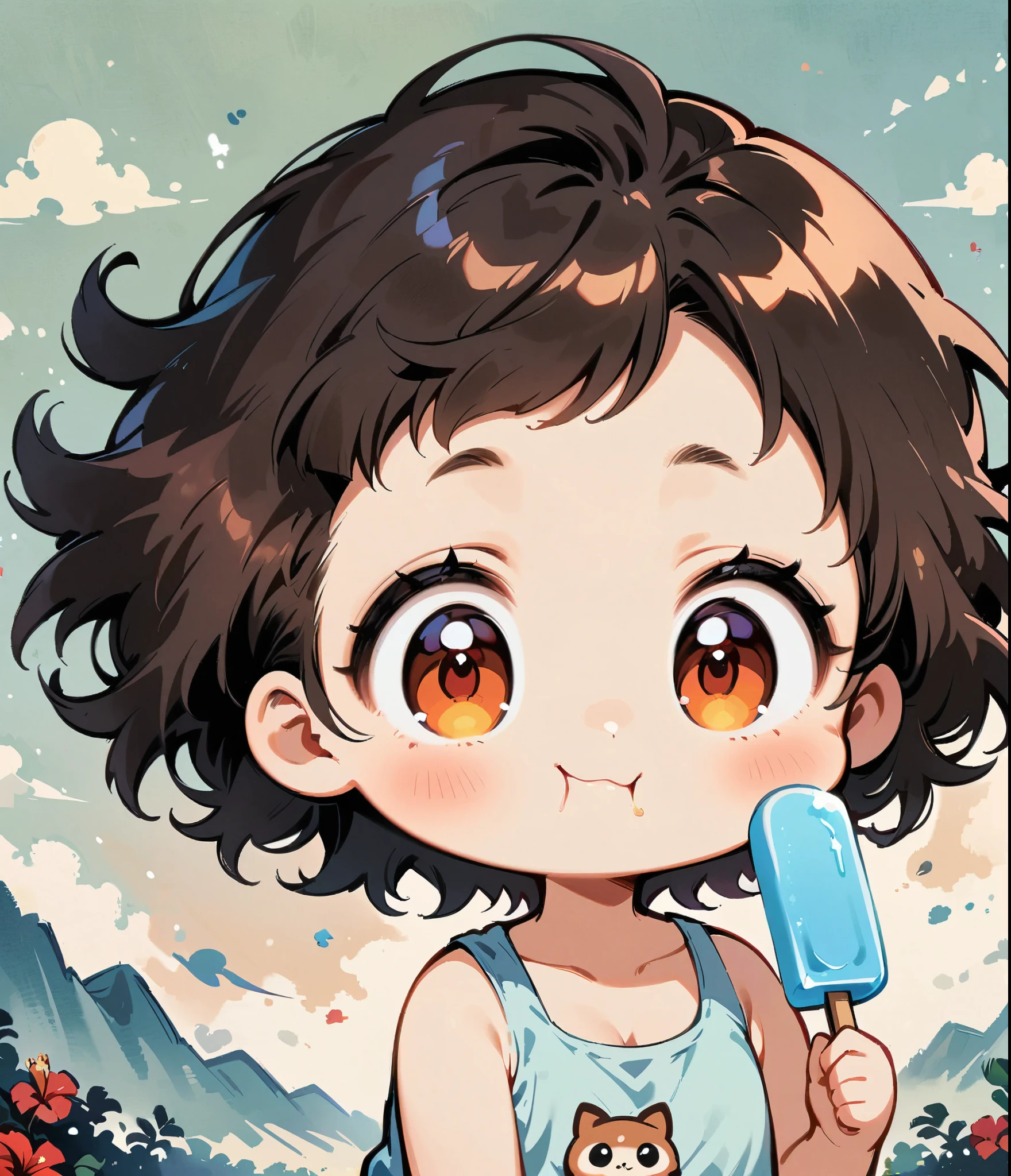 Eating a popsicle、Give me one bite、hibiscus、Cartoon style character design，1 Girl, alone，Big eyes，Cute expression，Tank top、interesting，interesting，Clean Lines, kawaii chibi style