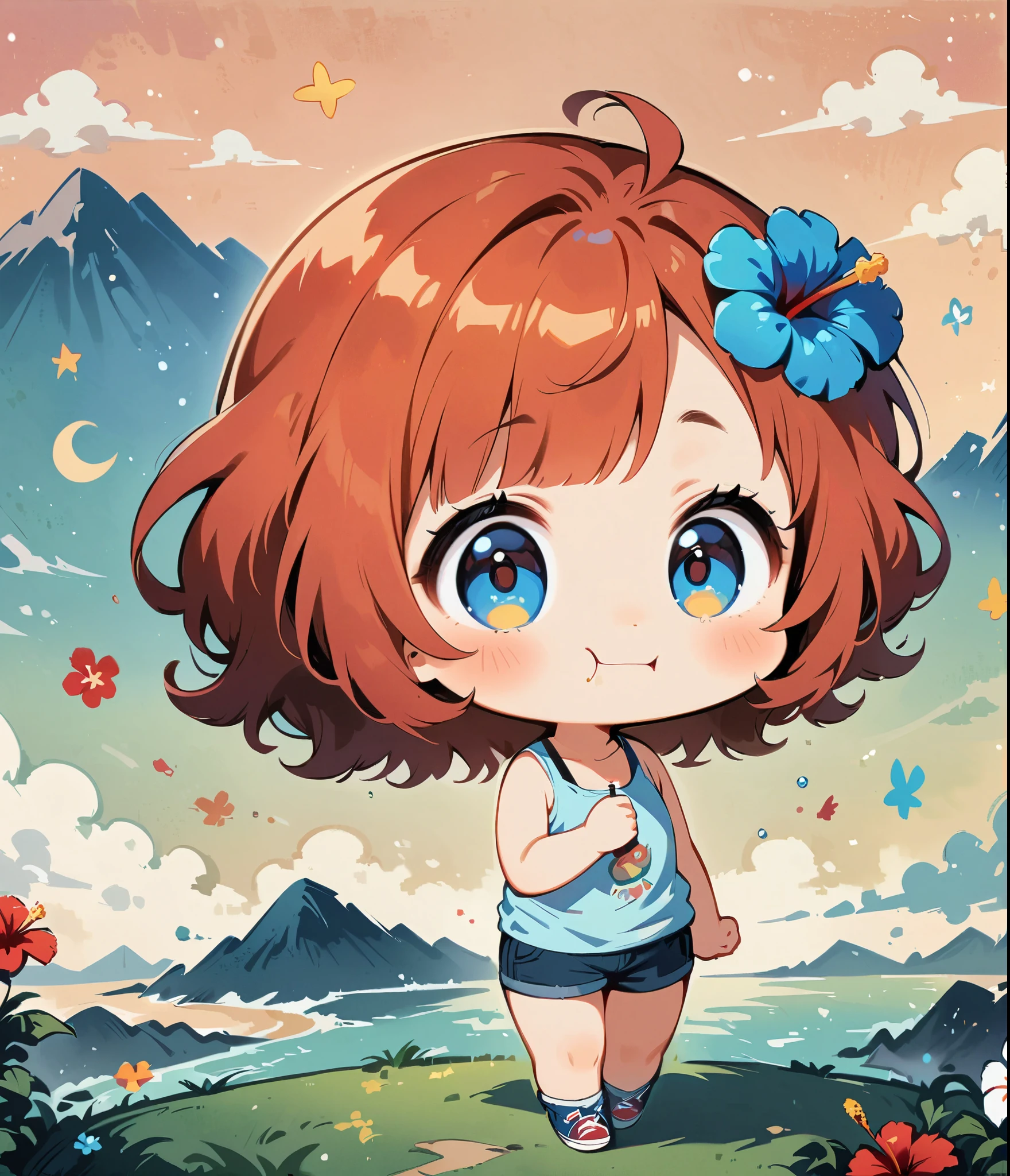 Eating a popsicle、Give me one bite、hibiscus、Cartoon style character design,1 Girl, alone,Big eyes,Cute expression,Tank top、interesting,interesting,Clean Lines, kawaii chibi style
