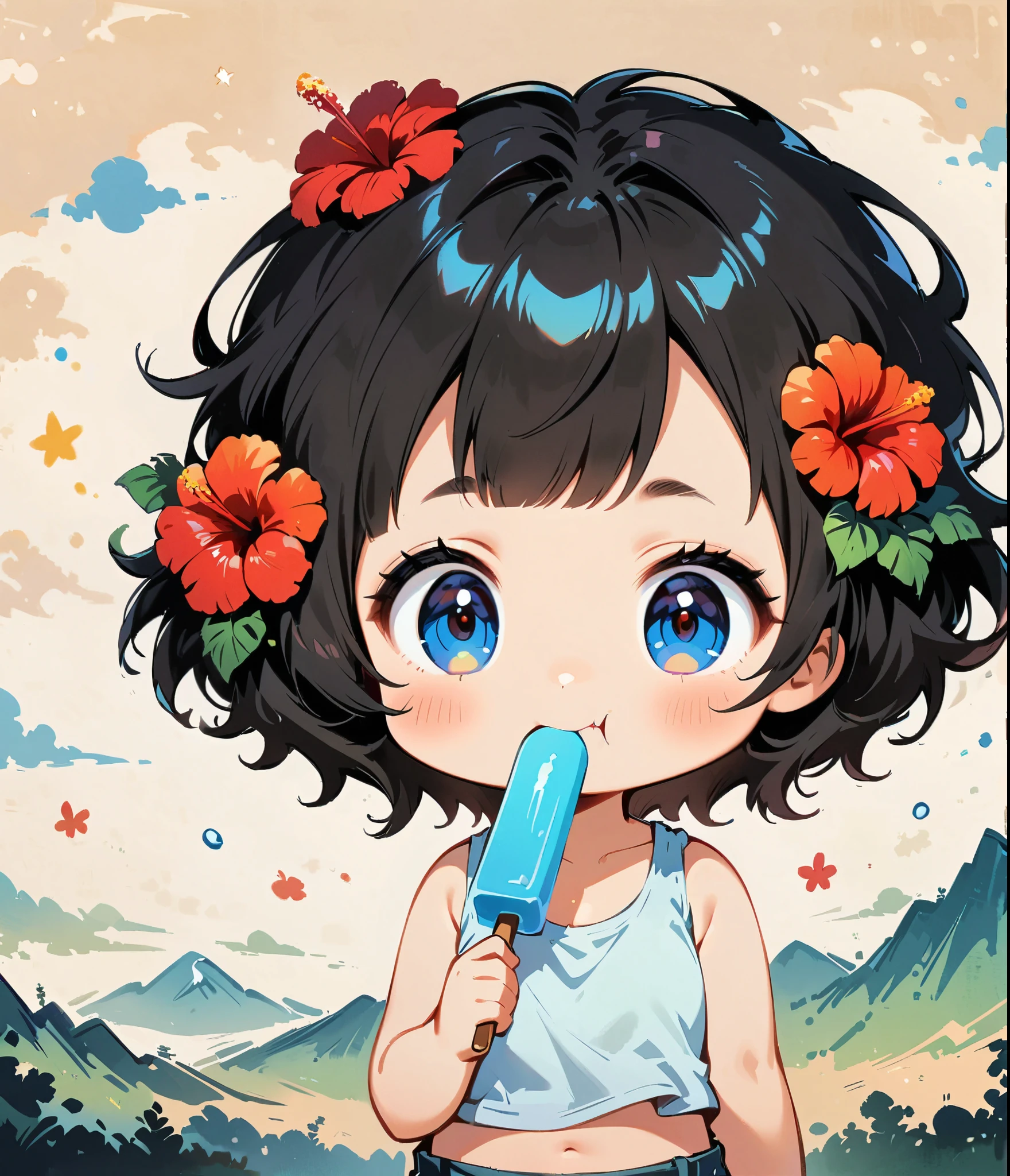 Eating a popsicle、Give me one bite、hibiscus、Cartoon style character design，1 Girl, alone，Big eyes，Cute expression，Tank top、interesting，interesting，Clean Lines, kawaii chibi style