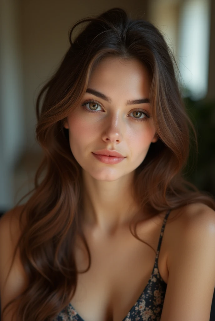 8k, high resolution, detailed portrait of a 20-year-old woman, beautiful girl with long brown hair, detailed facial features, realistic skin texture, beautiful eyes, full lips, neatly styled hair, intricate details, indoor setting, natural lighting, elegant and graceful pose, looking at the viewer, photorealistic, masterpiece, cinematic lighting, warm color tones, chiaroscuro lighting, oil painting style