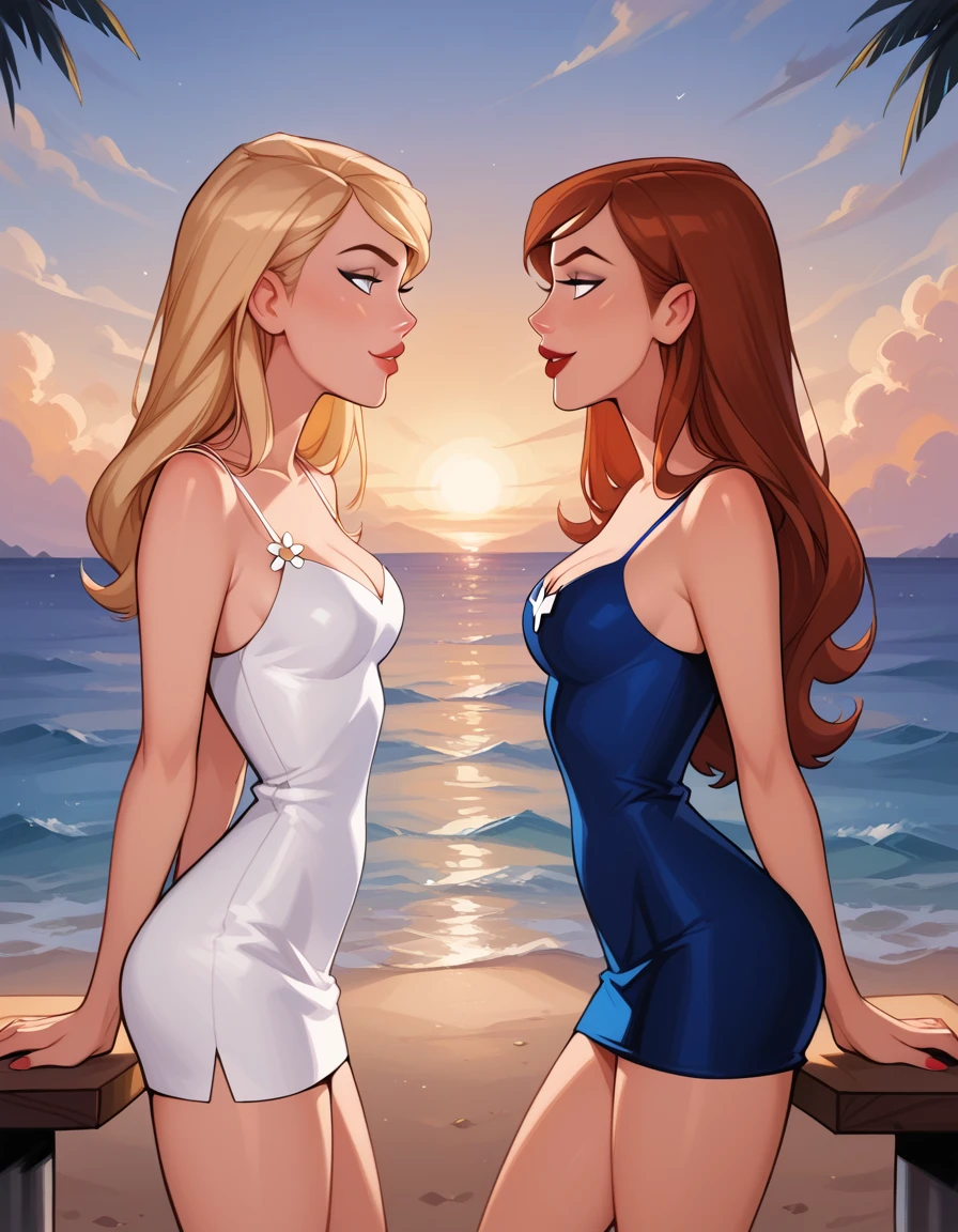 score_9, score_8_up, score_7_up, dcaustyle, source_cartoon, 2girls, duo, (Kara Zor-El, blonde:1.3) and (Barbara Gordon, reddish brown hair:1.2), wearing sexy short dresses, bare arms, bare shoulders, cleavage, flirt, gaze, sexy look, half-closed eyes, filled lips, thick lips, makeup, on a romantic date, in love, private table on the beach, enjoying cocktails, smiling, looking into one each others eyes from across the table, (side view, cowboy shot:1.5), sunset, expressiveh d4rk01l, perfect hands, perfect proportions, POV.