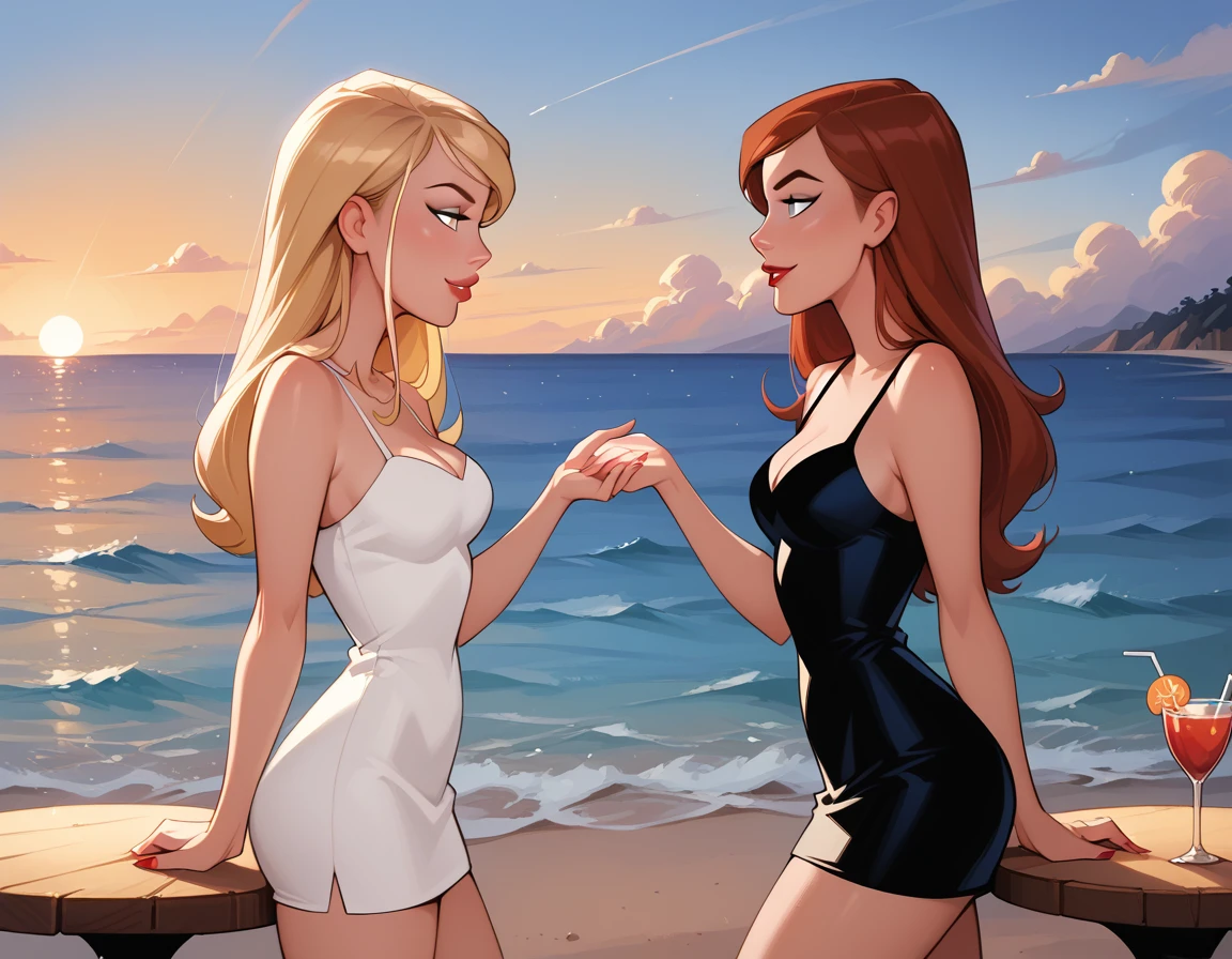 score_9, score_8_up, score_7_up, dcaustyle, source_cartoon, 2girls, duo, (Kara Zor-El, blonde:1.3) and (Barbara Gordon, reddish brown hair:1.2), wearing sexy short dresses, bare arms, bare shoulders, cleavage, flirt, gaze, sexy look, half-closed eyes, filled lips, thick lips, makeup, on a romantic date, in love, private table on the beach, enjoying cocktails, smiling, looking into one each others eyes from across the table, (side view, cowboy shot:1.5), sunset, expressiveh d4rk01l, perfect hands, perfect proportions.