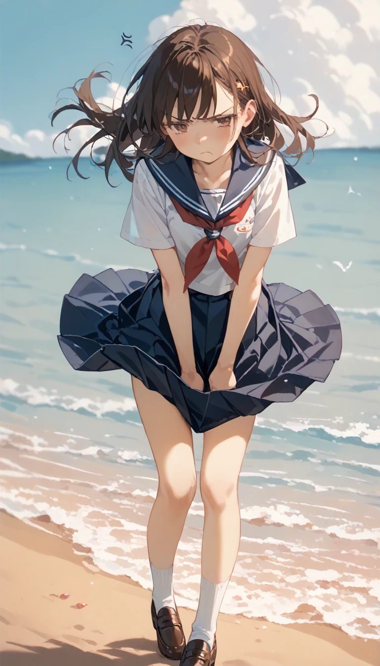 1 girl, beach side, very windy, wind lift skirt, tug skirt, slim thighs, blushing, , annoyed, small breasts, slim, slender, Cute short-sleeved sailor uniform, Pleated mini skirt, Sailor collar, Sailor scarf, socks, Brown Loafers,, panty, 