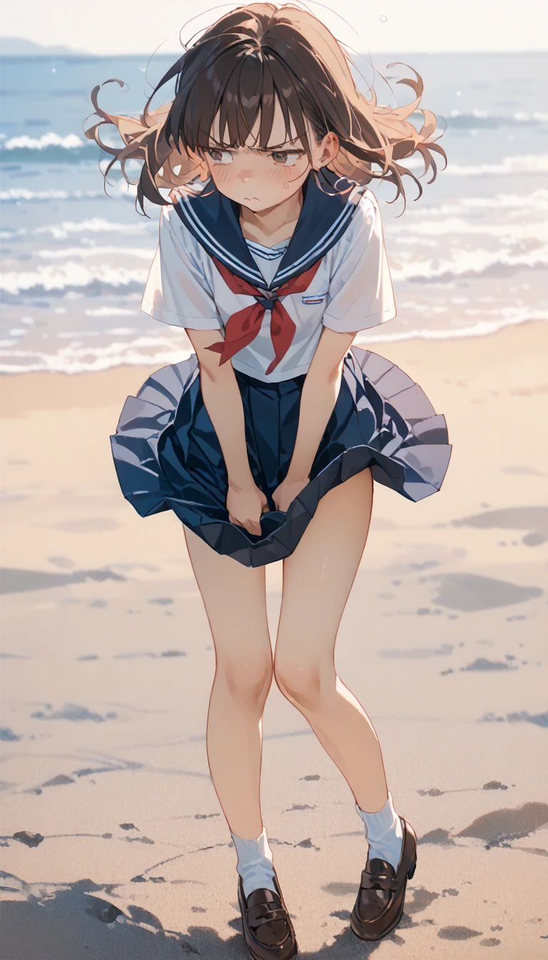 1 girl, beach side, very windy, wind lift skirt, tug skirt, slim thighs, blushing, , annoyed, small breasts, slim, slender, Cute short-sleeved sailor uniform, Pleated mini skirt, Sailor collar, Sailor scarf, socks, Brown Loafers,, panty, 